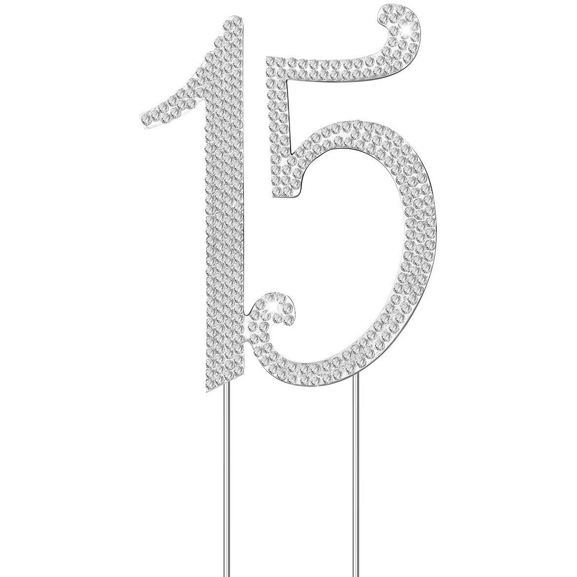 Janou 15 Cake Topper Number 15 Crystal Rhinestones 15Th Cake Decoration For Birthday Anniversary Party Decoration (Silver)