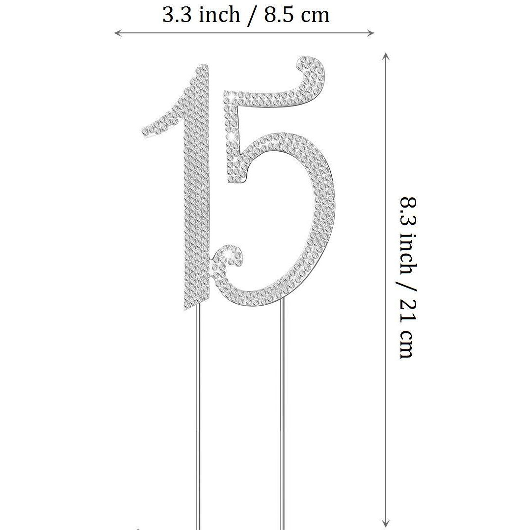Janou 15 Cake Topper Number 15 Crystal Rhinestones 15Th Cake Decoration For Birthday Anniversary Party Decoration (Silver)