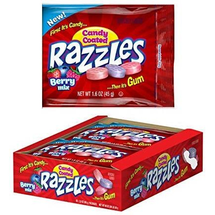 Razzles Assorted Berry Mix Flavors Candy Gum, 1.6 Ounce Resealable Bag - 24 Count Pack