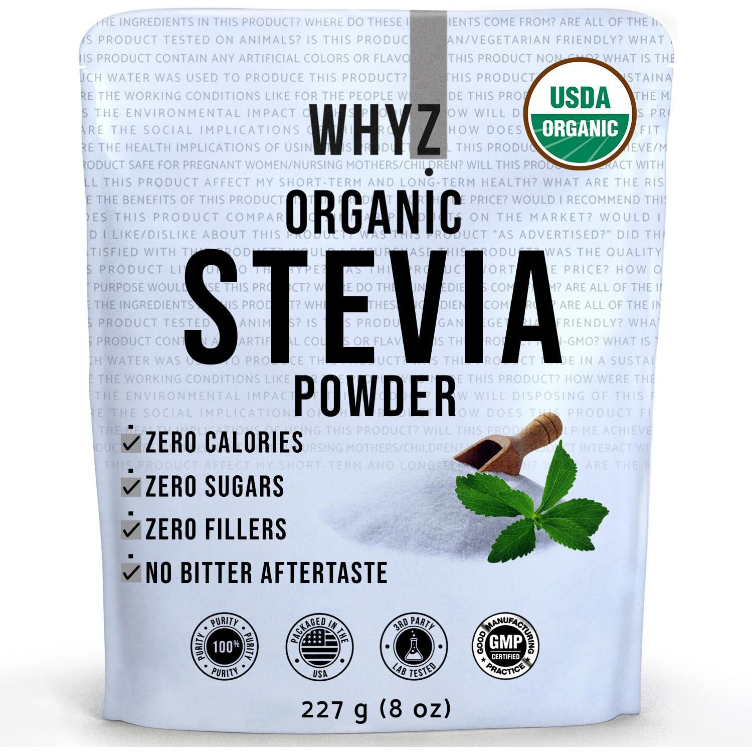 Whyz Organic Stevia Powder, 1621 Servings, Premium Zero Calorie Stevia Sweetener - Powdered Pure Stevia Extract, Natural Stevia Powder For Baking - No Aftertaste, Non-Gmo, Keto Friendly- 8 Oz