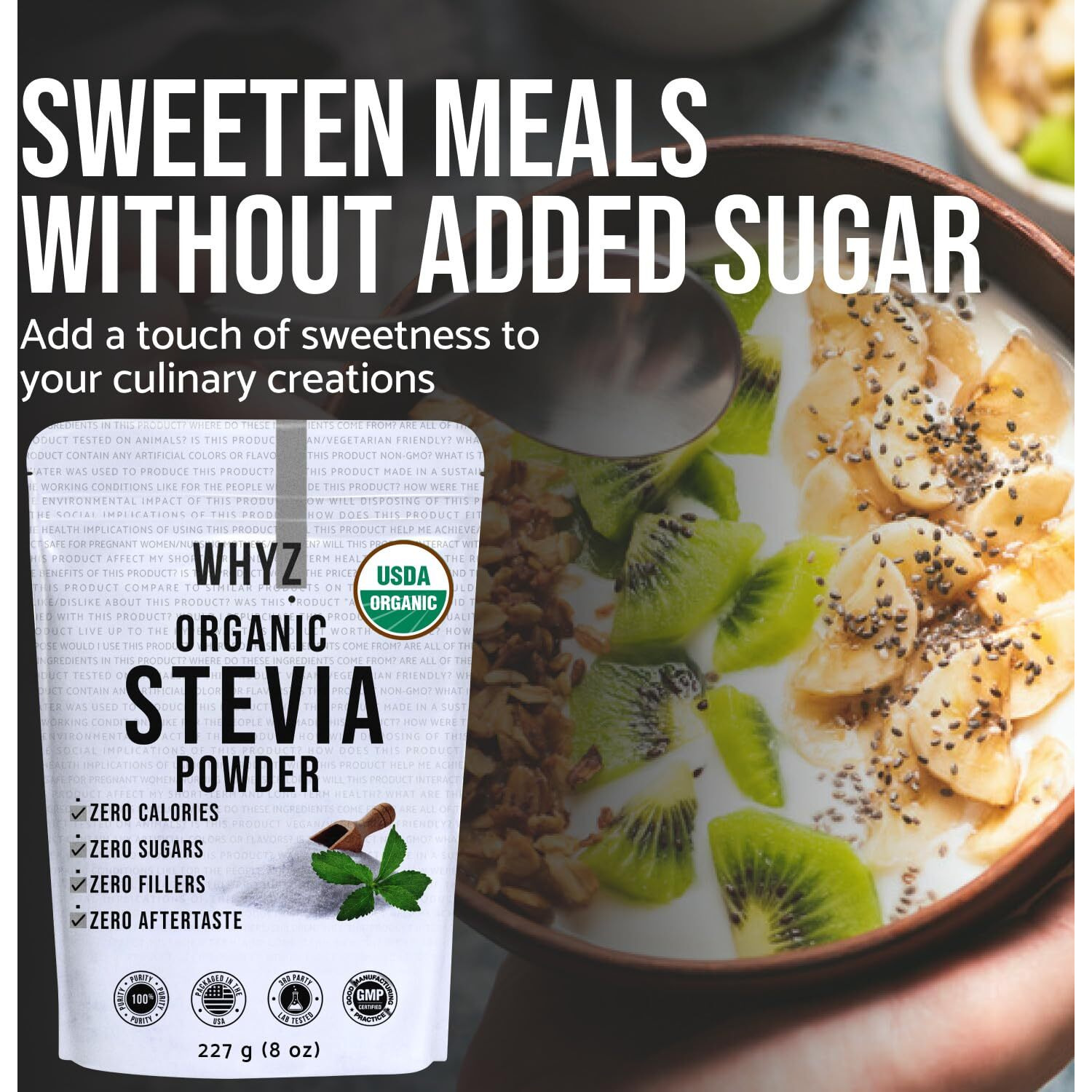 Whyz Organic Stevia Powder, 1621 Servings, Premium Zero Calorie Stevia Sweetener - Powdered Pure Stevia Extract, Natural Stevia Powder For Baking - No Aftertaste, Non-Gmo, Keto Friendly- 8 Oz
