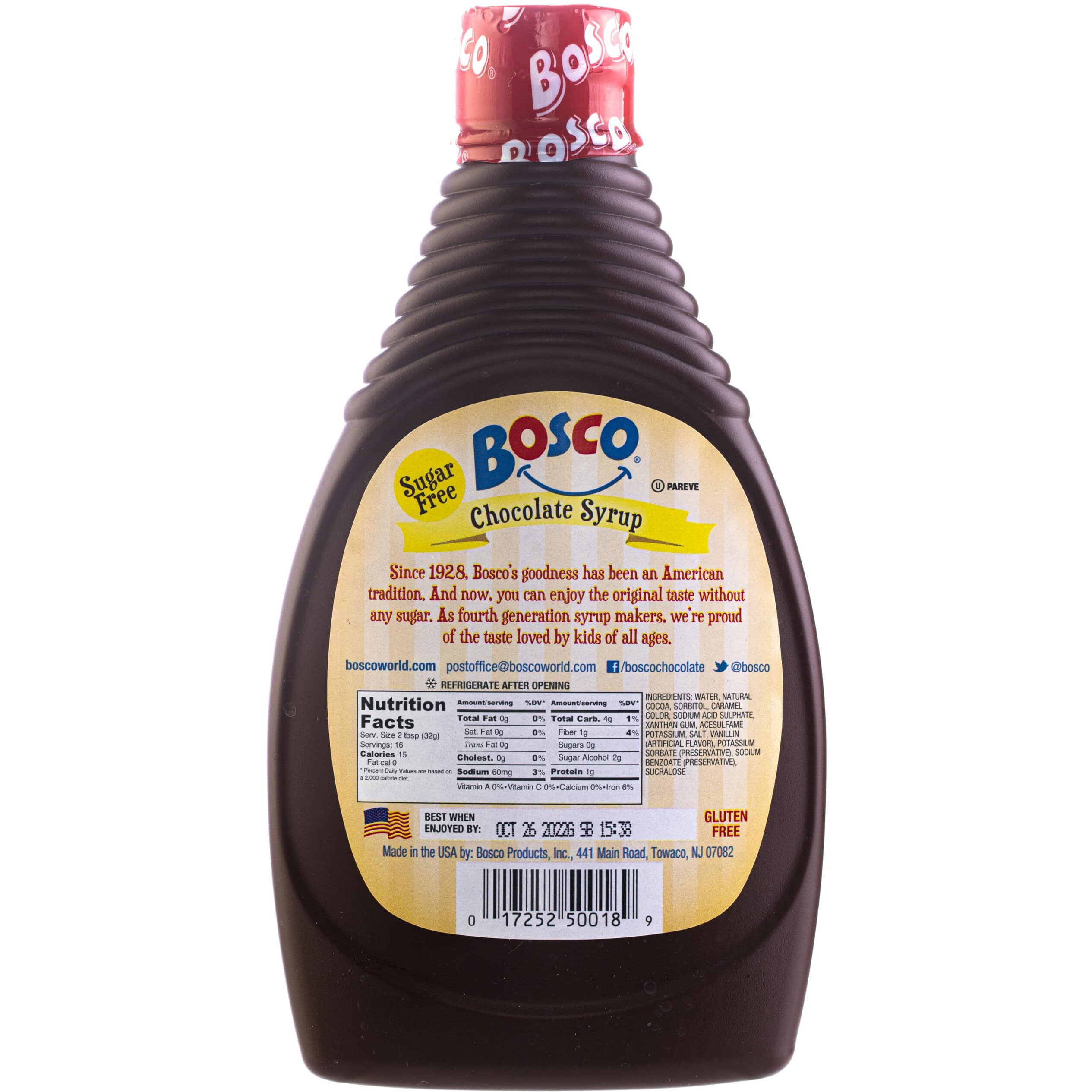 Bosco Sugar Free Chocolate Syrup 18Oz | Fat Free, Gluten Free, Made With Natural Cocoa
