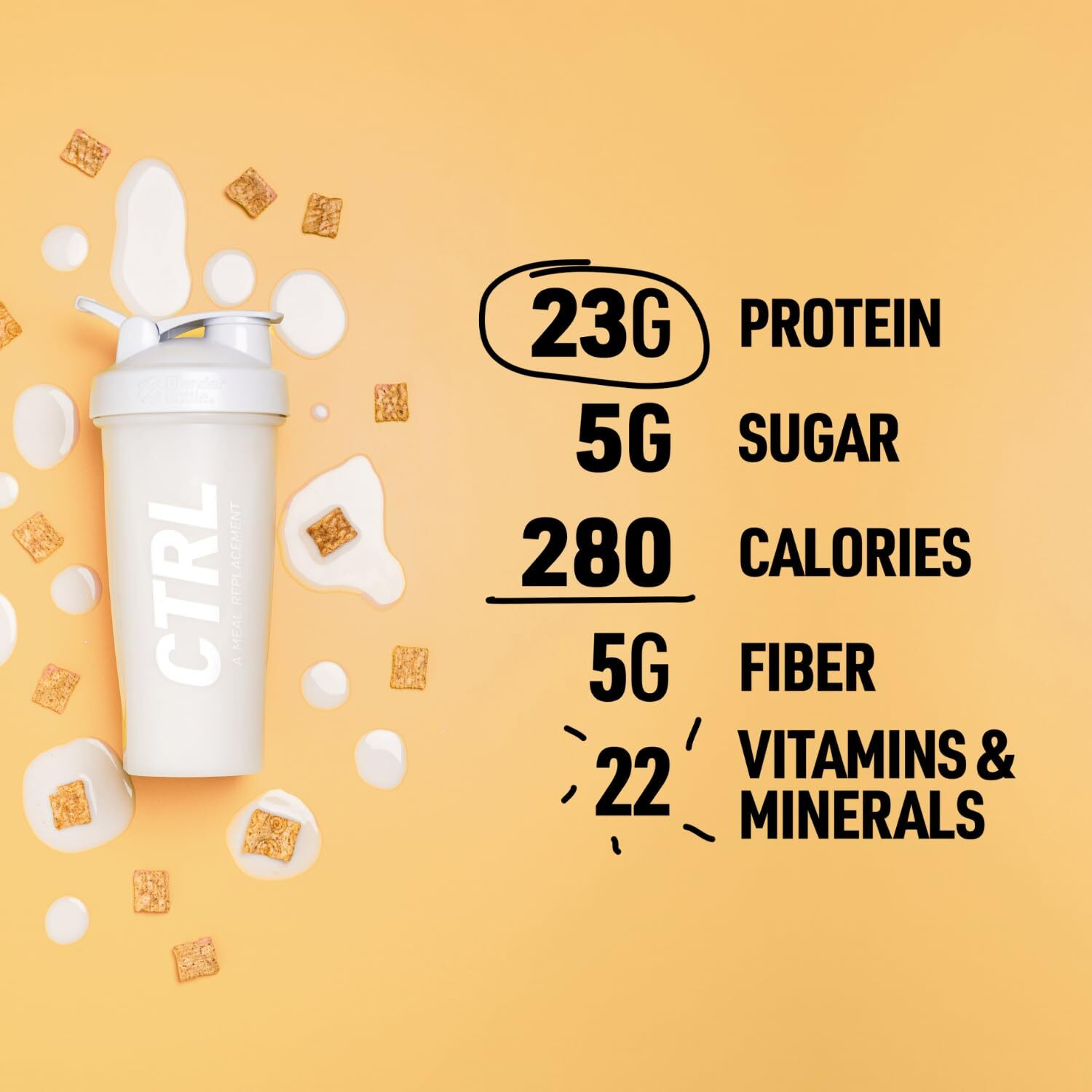 Ctrl Meal Replacement Shake With Real Cereal Pieces - Cinnamon Toast - 15 Servings Packed With Essential Nutrients, Including 23G Of Protein, 8 Grams Of Fiber, 22 Vitamins And Minerals & Only 1G Sugar