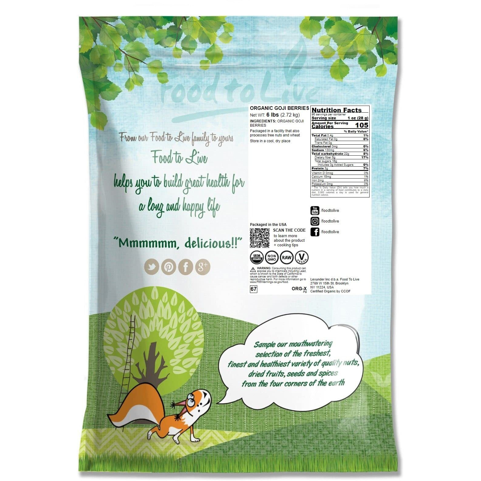 Food To Live Organic Goji Berries, 6 Pounds - Sun Dried, Large And Juicy, Non-Gmo, Raw, Vegan, Sirtfood, Bulk