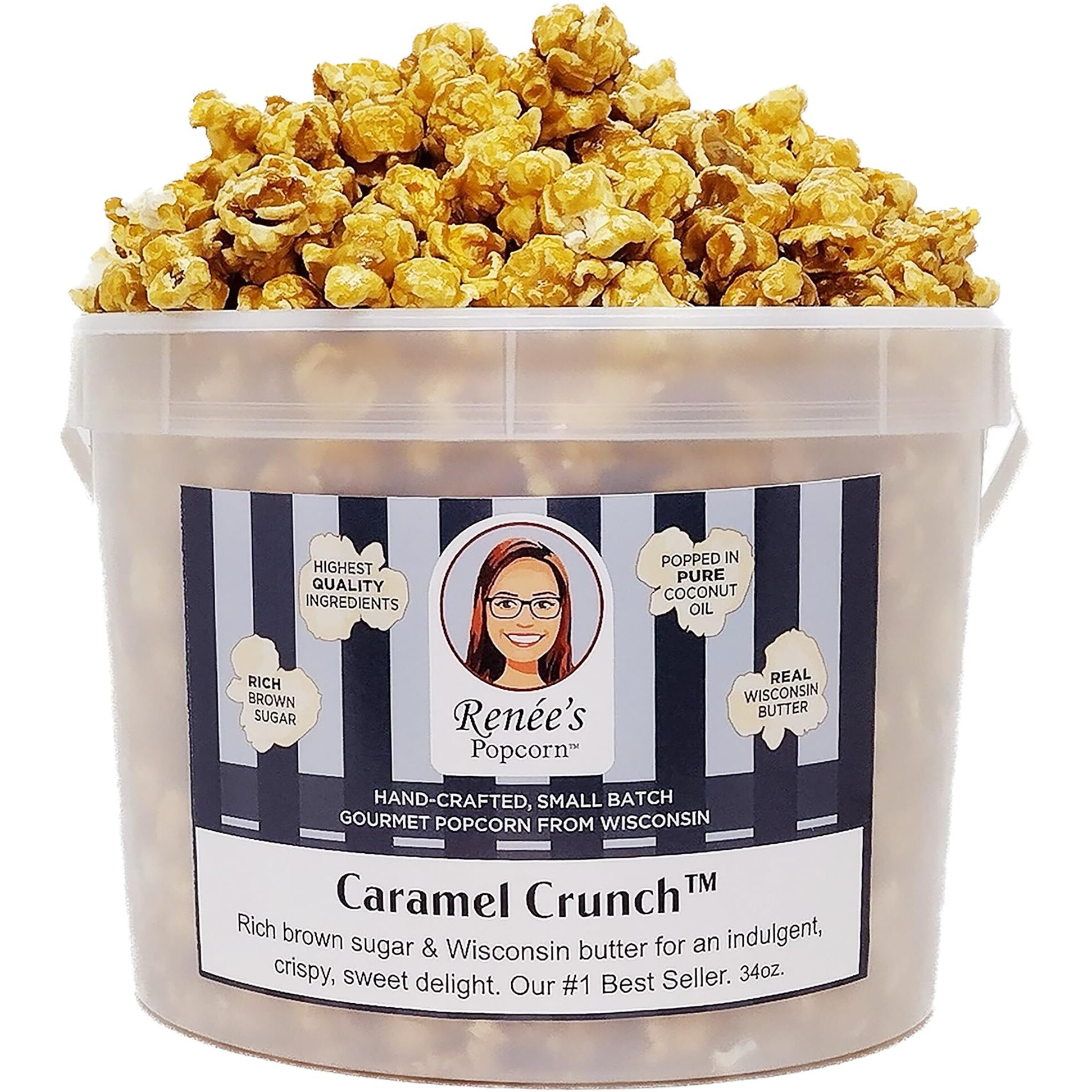 Ren  Es Caramel Crunch Gourmet Popcorn - Rich Brown Sugar, Wisconsin Butter- An Indulgent, Crispy, Sweet Popped Fresh, Handmade Delightful Snack Or Gift - 1.1 Gallon Plastic Bucket Tin.