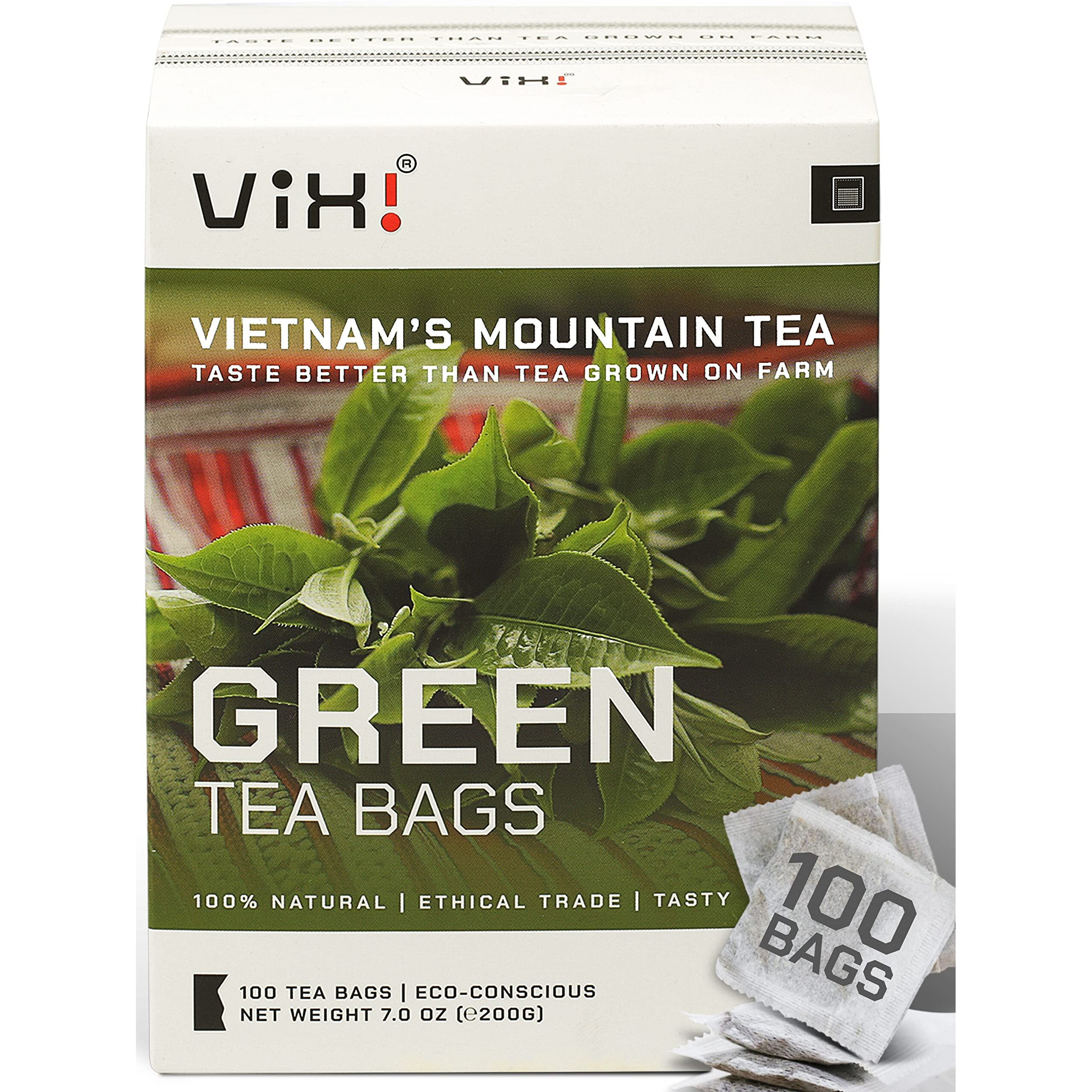 Vixi Green Tea Bags, 100 Counts, Vietnam's Mountain Tea, Antioxidant, Caffeinated, Tagless, Plastic Free, Balanced Flavored, 100% Natural For Hot, Iced And Cold Brew
