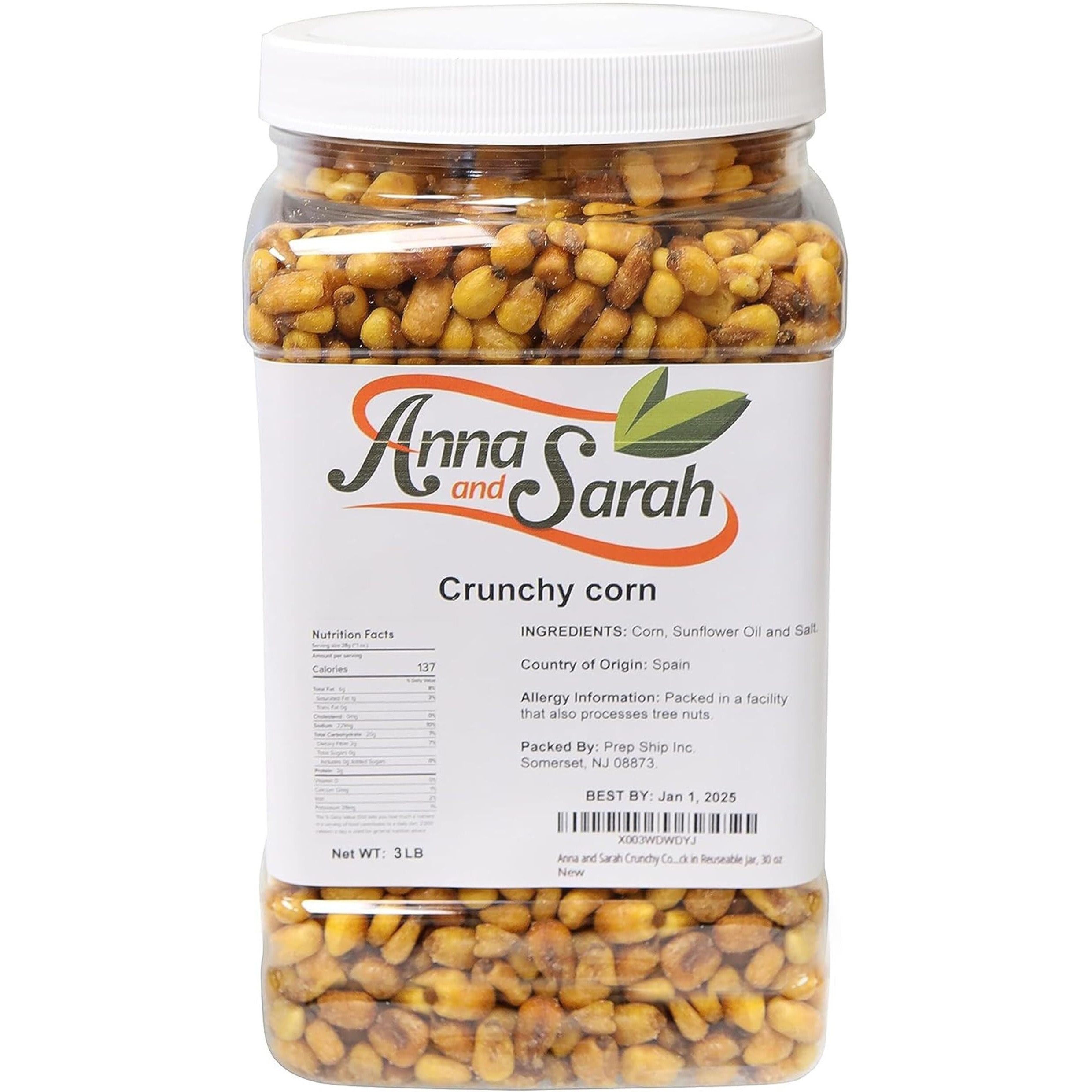 Anna And Sarah Crunchy Corn- Roasted And Salted -Natural Cravings - Original Toasted Corn Kernels Crunchy Snack In Reuseable Jar, 48 Oz