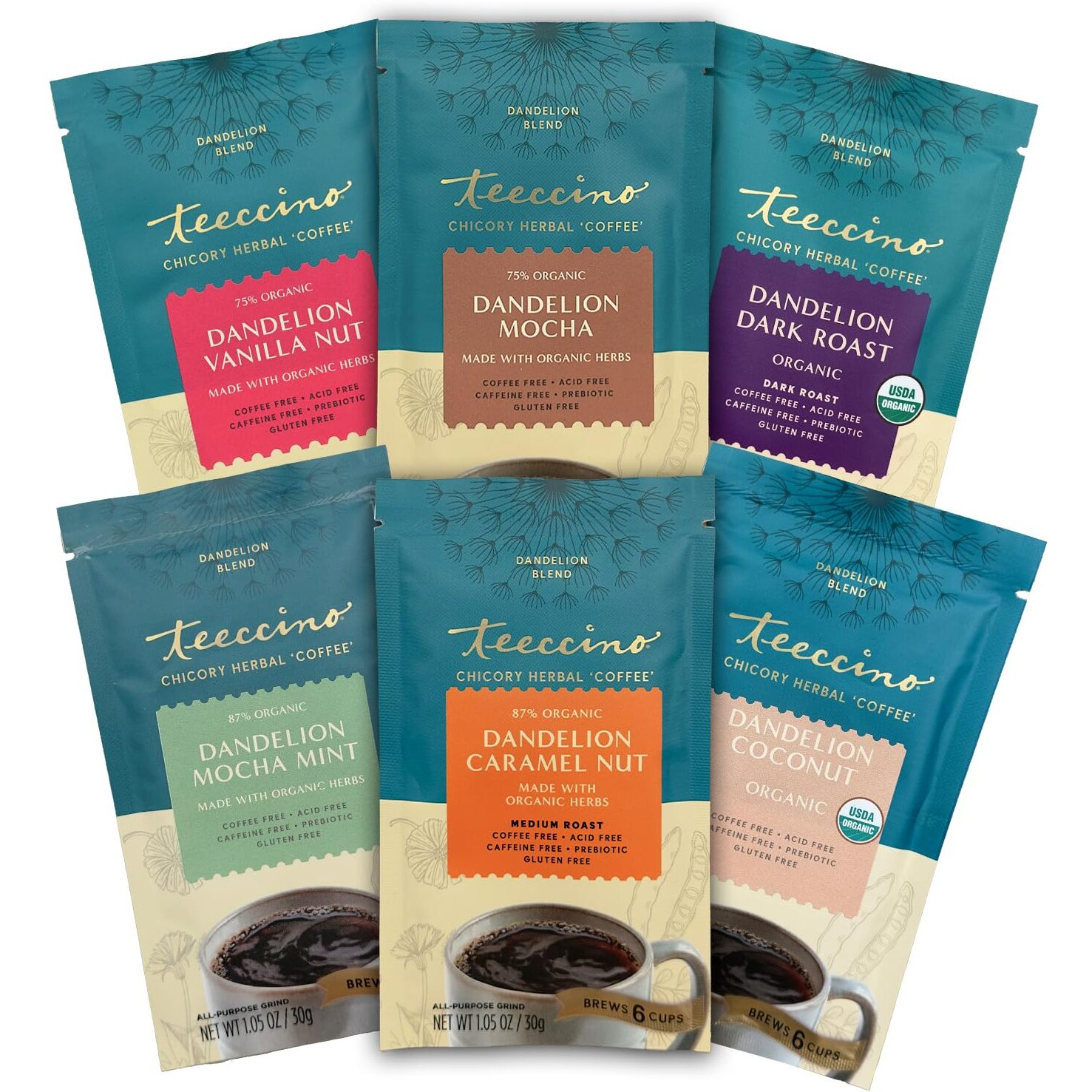 Teeccino Dandelion Root Herbal Coffee Sampler - Vanilla Nut, Mocha, Dark Roast, Mocha Mint, Caramel Nut, Coconut - Caffeine-Free Coffee Alternative With Prebiotics - 6 Trial Size Packets