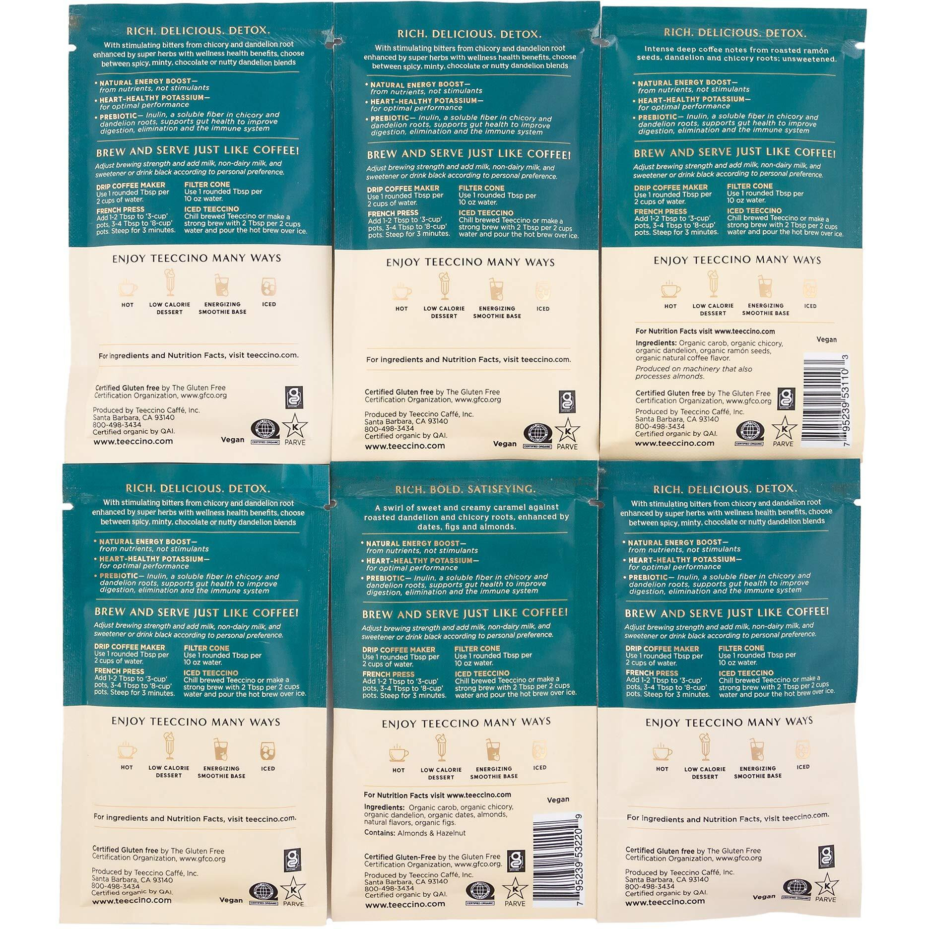 Teeccino Dandelion Root Herbal Coffee Sampler - Vanilla Nut, Mocha, Dark Roast, Mocha Mint, Caramel Nut, Coconut - Caffeine-Free Coffee Alternative With Prebiotics - 6 Trial Size Packets
