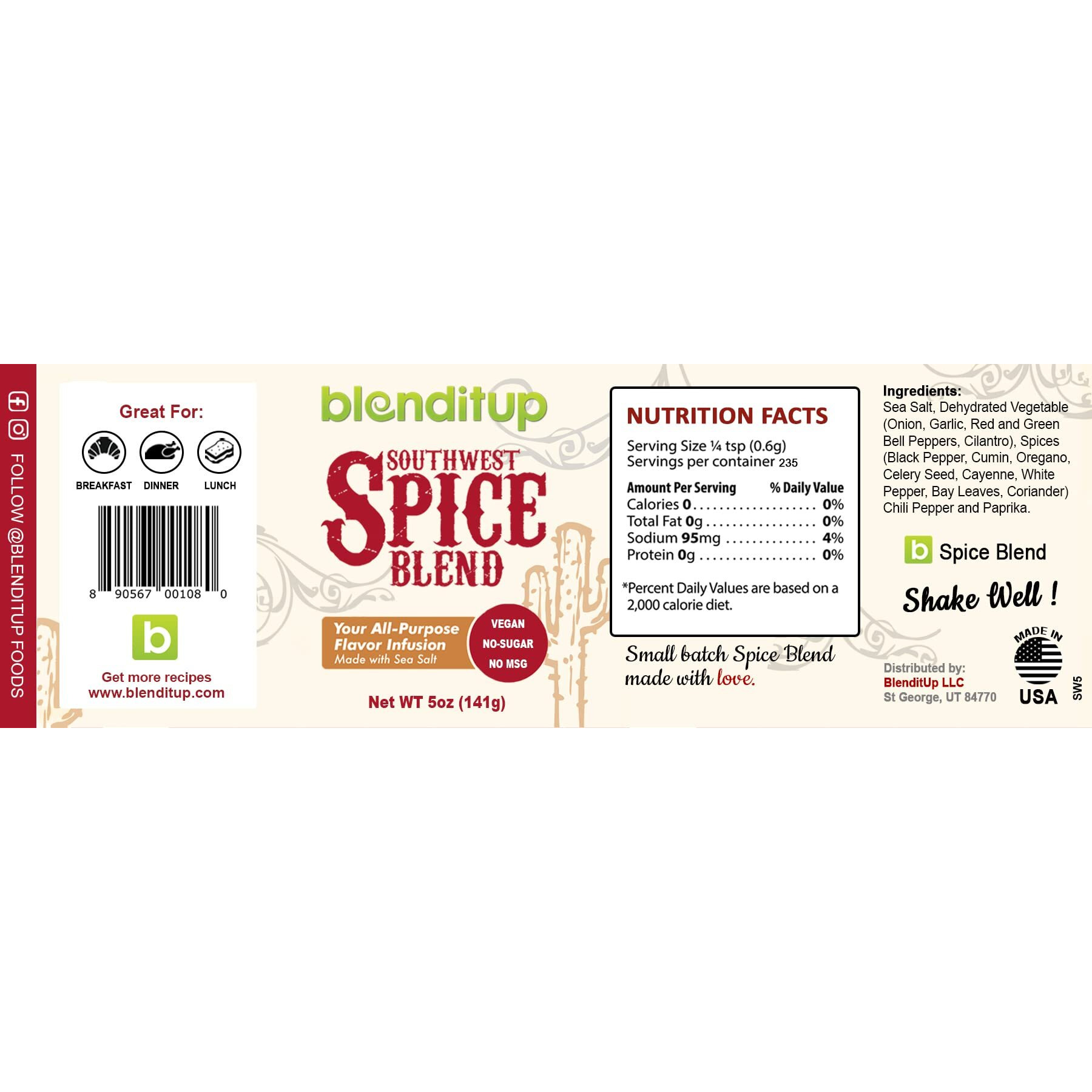 Southwest Spice Blend | Gourmet Spices With Sea Salt | Healthy To Add To Any Dish | Low Sodium, No Gluten, No Msg, No-Sugar | 5Oz