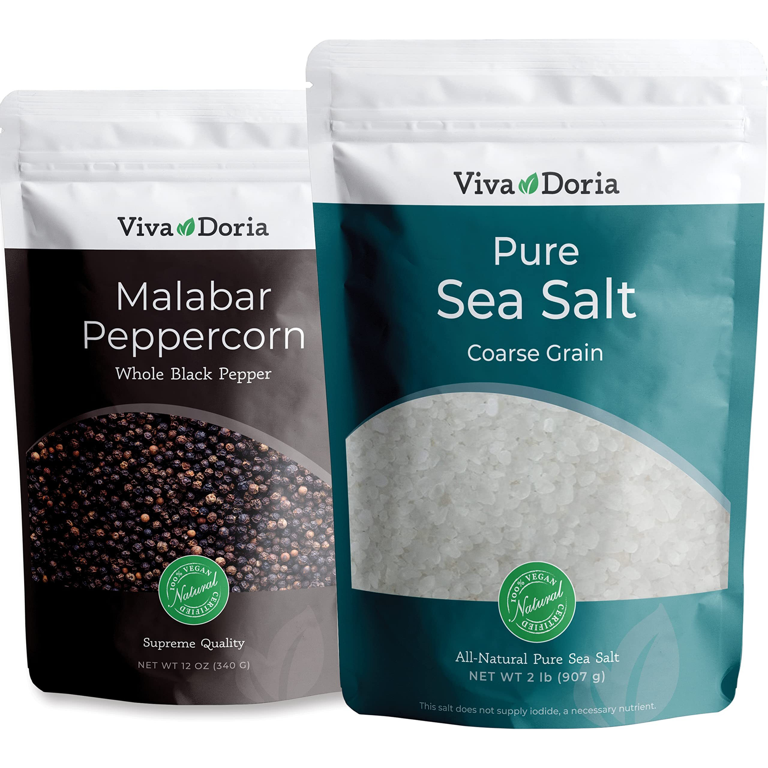 Viva Doria Malabar Black Peppercorns, Whole Black Pepper, Black Peppercorn, 12 Oz And Pure Sea Salt, Coarse Grain, 2 Lb, For Grinder Refills, 2 Piece Set