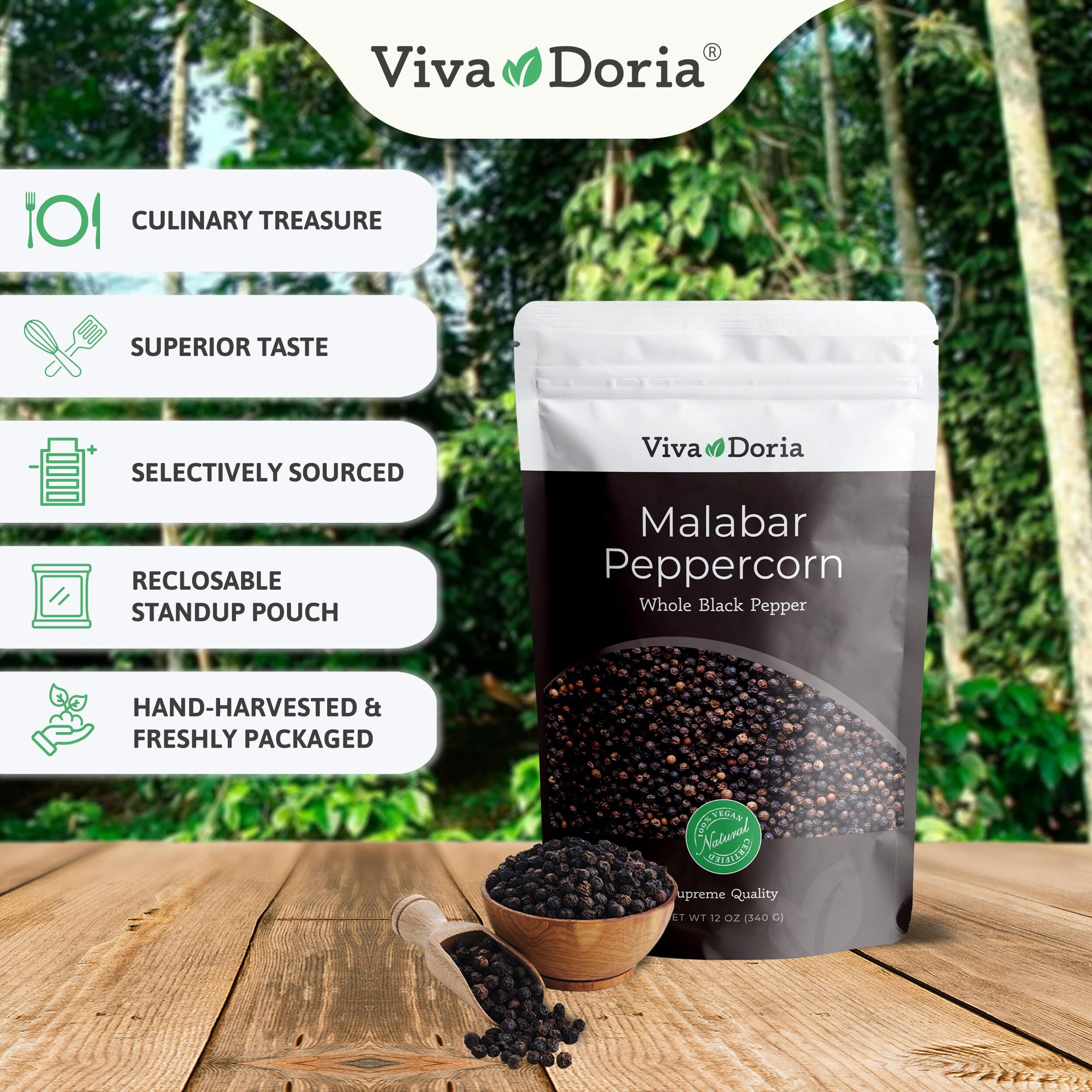 Viva Doria Malabar Black Peppercorns, Whole Black Pepper, Black Peppercorn, 12 Oz And Pure Sea Salt, Coarse Grain, 2 Lb, For Grinder Refills, 2 Piece Set