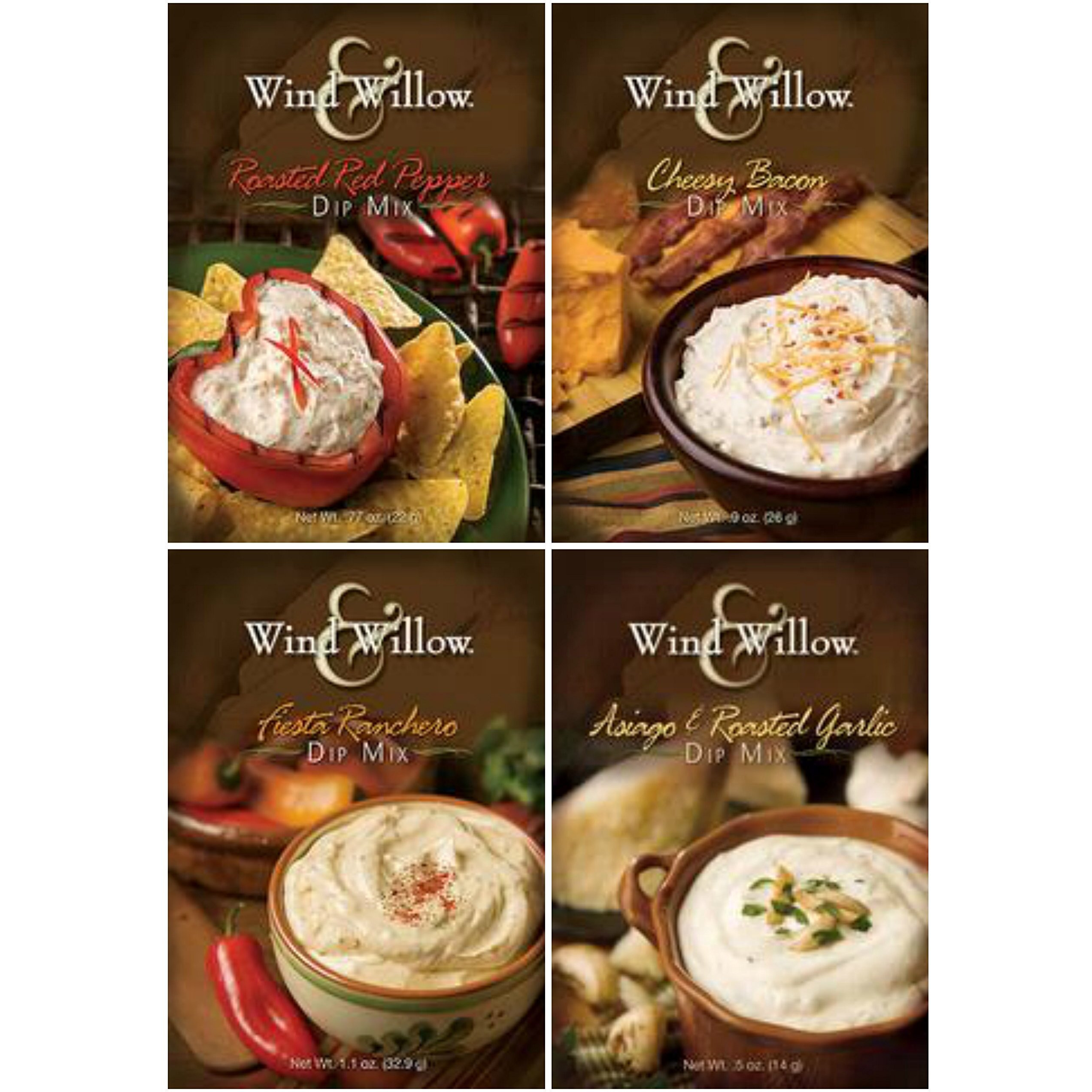 Wind & Willow Dip Mix 4 Flavor Variety Bundle Cheesy Bacon, Roasted Red Pepper, Asagio And Roasted Garlic, And Fiesta Ranchero (4 Packs Total)