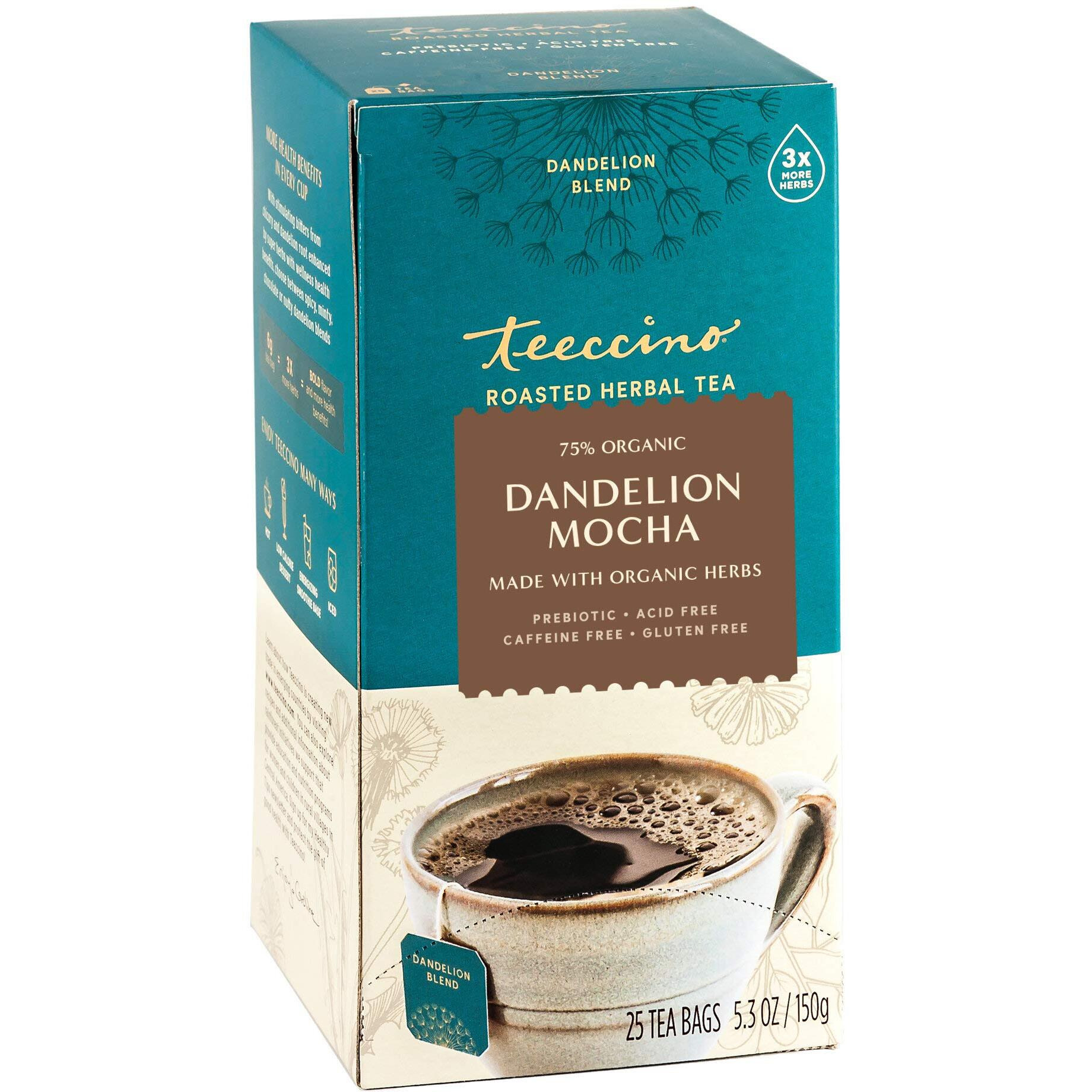 Teeccino Dandelion Herbal Tea - Mocha - Caffeine Free, Prebiotic, Gluten Free, 3X More Herbs - 25 Tea Bags