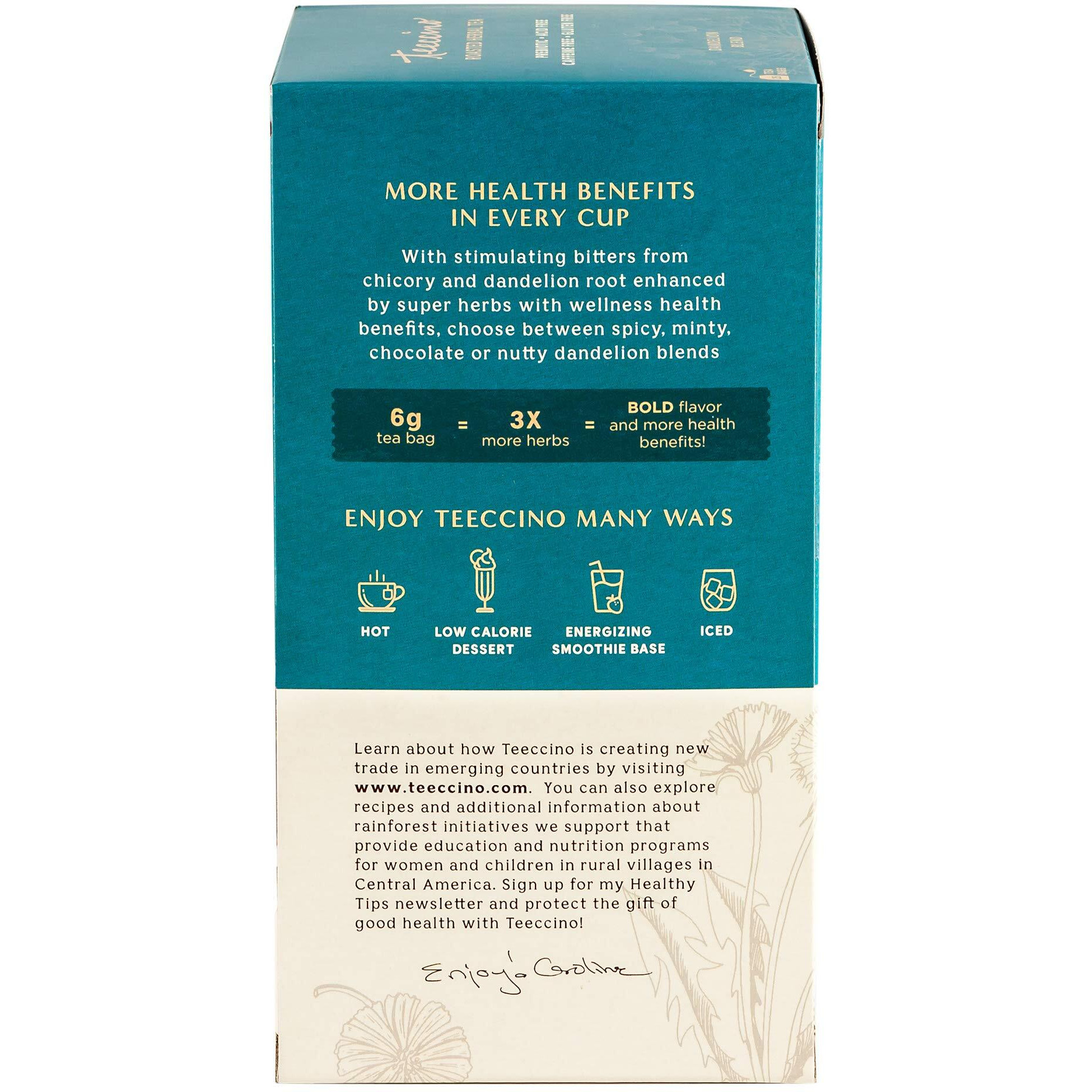 Teeccino Dandelion Herbal Tea - Mocha - Caffeine Free, Prebiotic, Gluten Free, 3X More Herbs - 25 Tea Bags