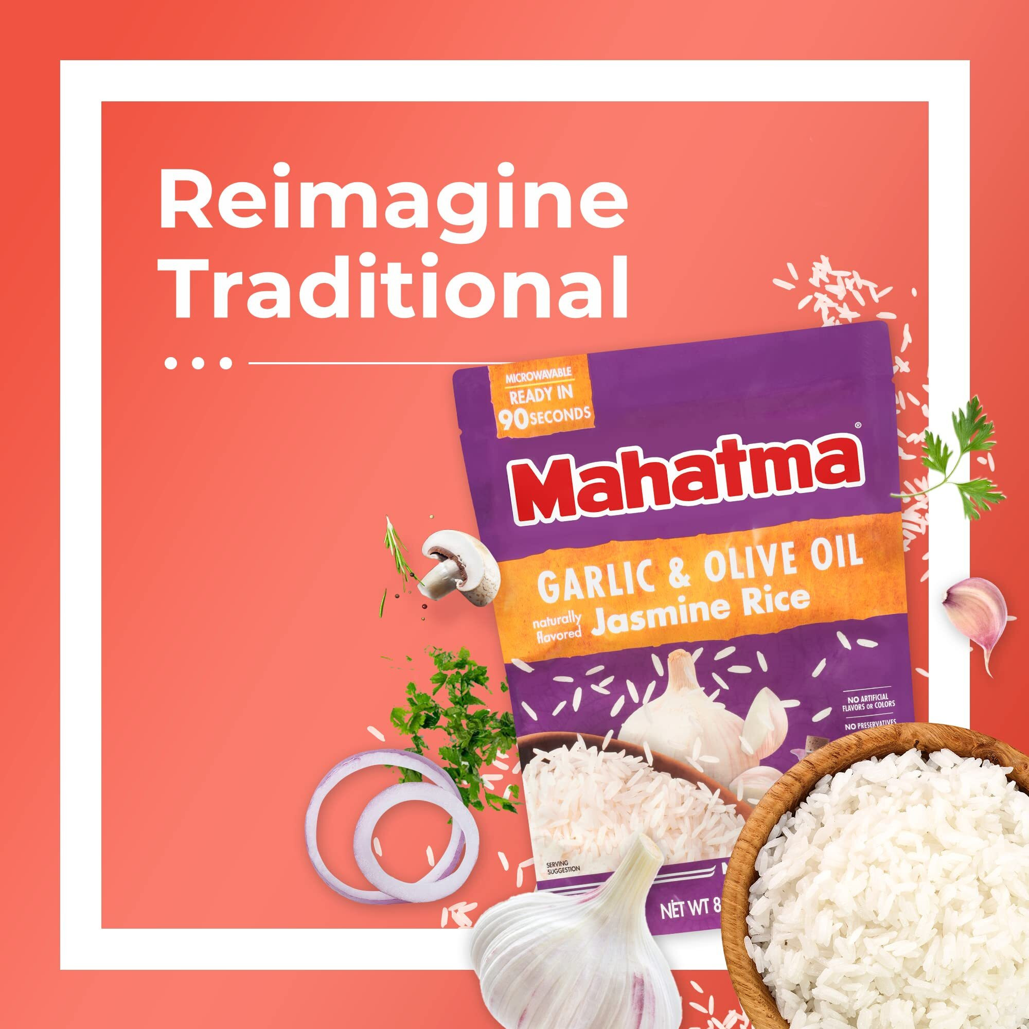 Mahatma Ready To Heat Garlic & Olive Oil-Flavored Jasmine Rice, Precooked Rice, Microwaveable In 90 Seconds, Six 8.8-Ounce Bags