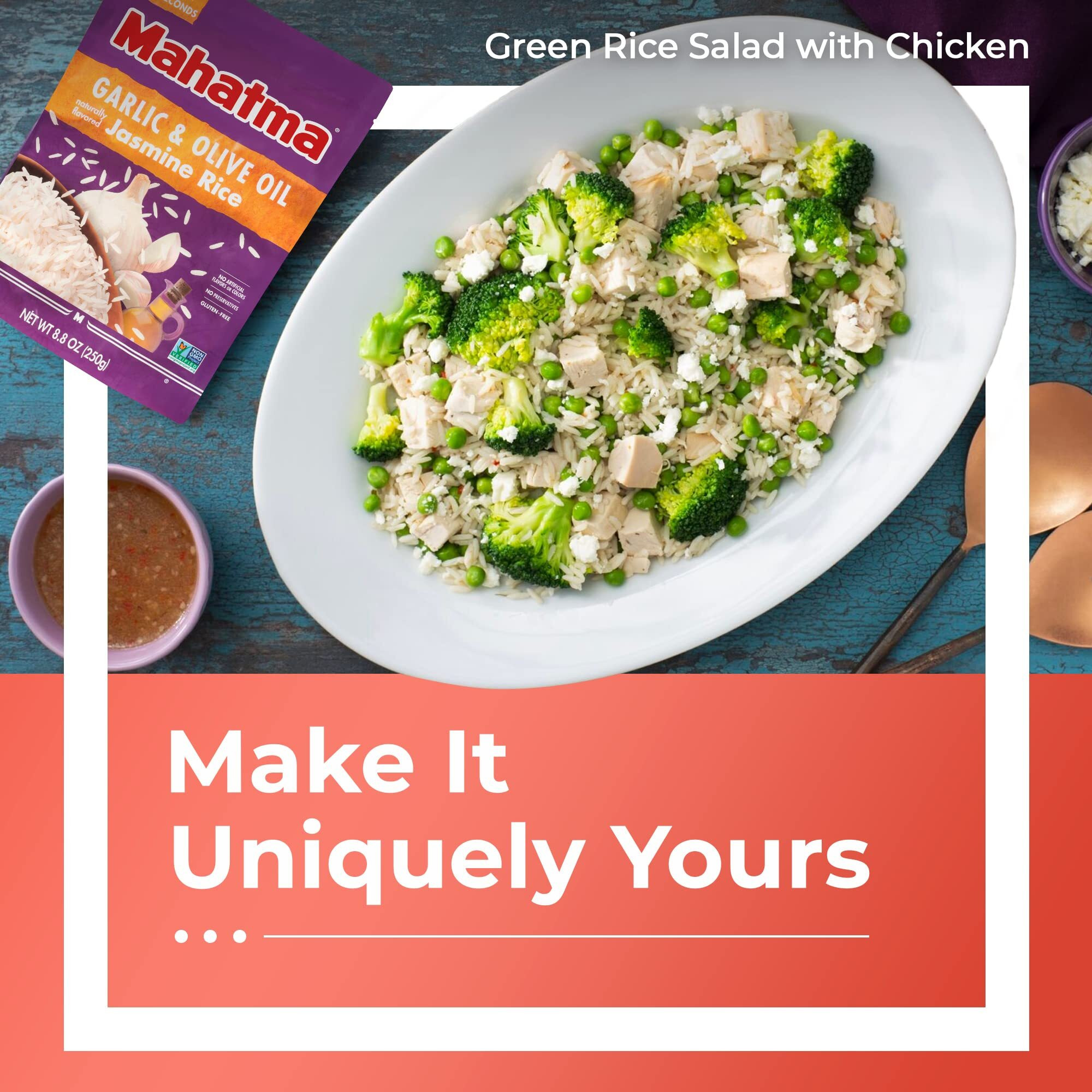 Mahatma Ready To Heat Garlic & Olive Oil-Flavored Jasmine Rice, Precooked Rice, Microwaveable In 90 Seconds, Six 8.8-Ounce Bags