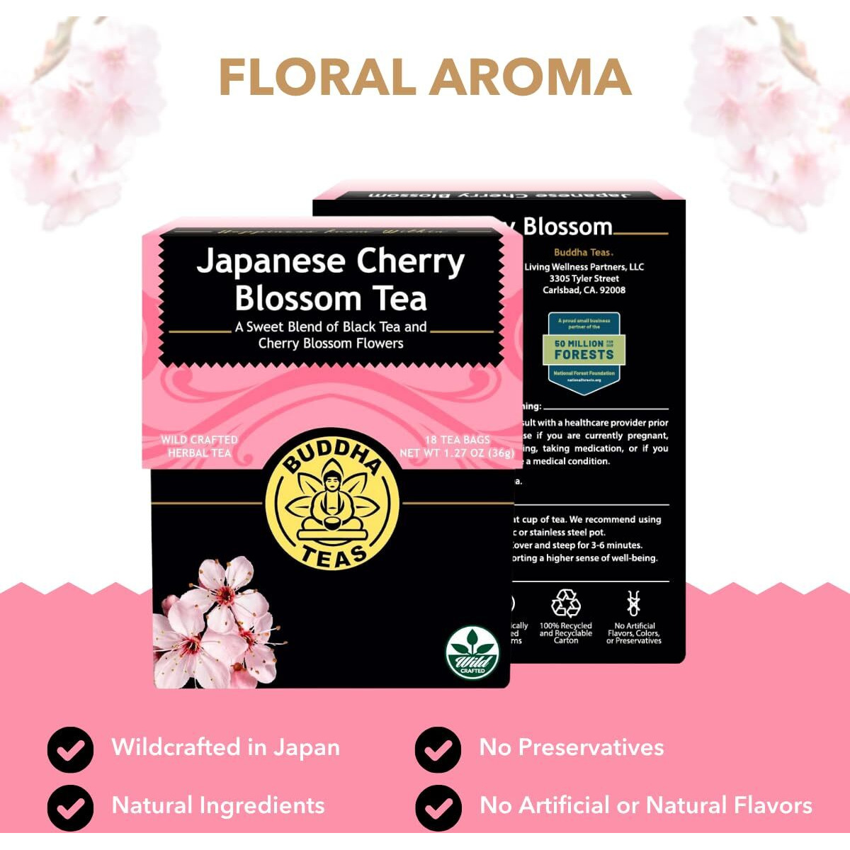 Buddha Teas Japanese Cherry Blossom Tea - Ou Kosher, 18 Bleach-Free Tea Bags