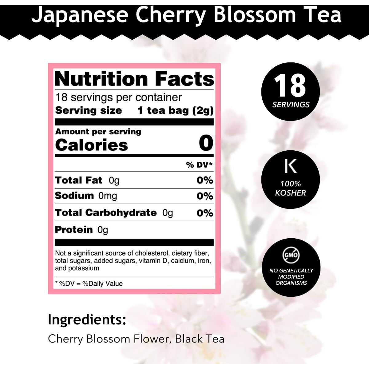 Buddha Teas Japanese Cherry Blossom Tea - Ou Kosher, 18 Bleach-Free Tea Bags