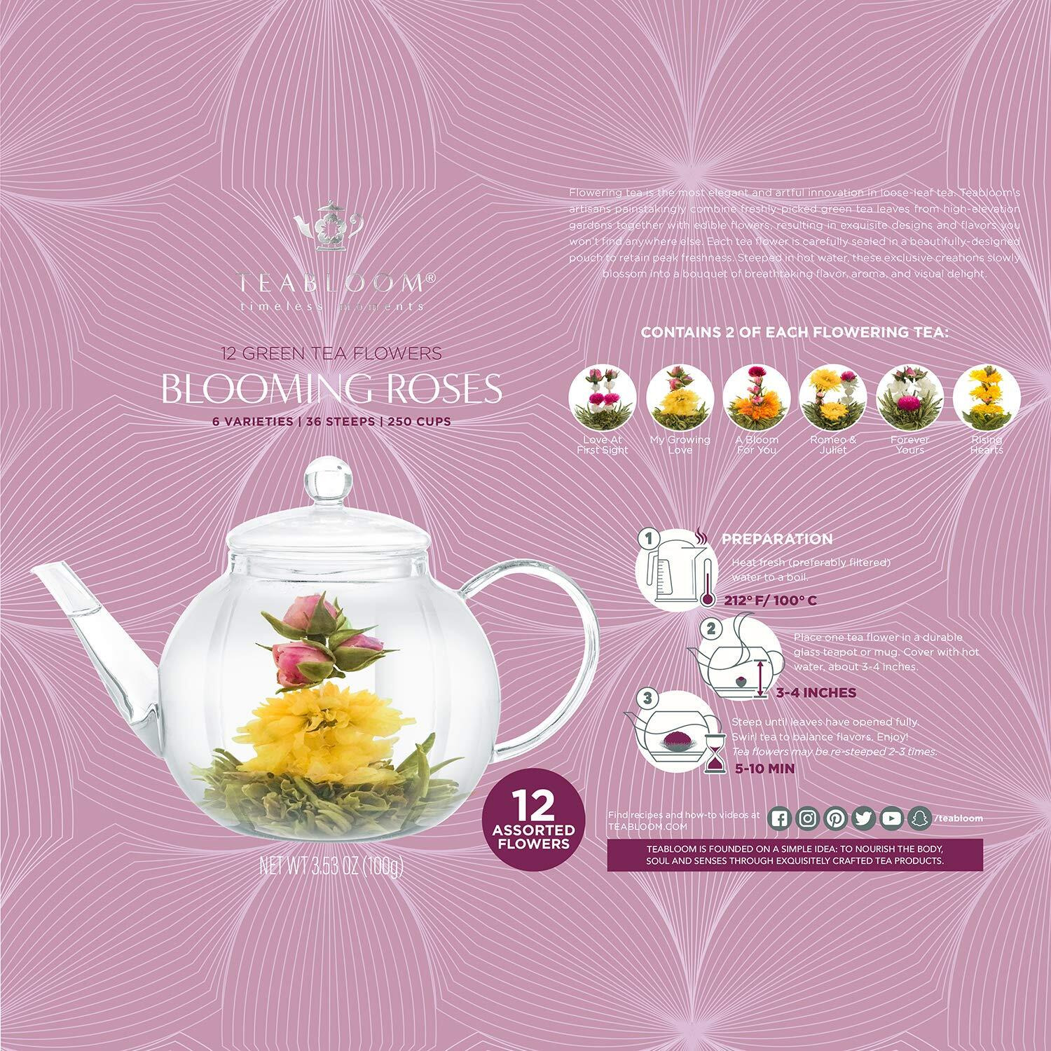 Teabloom Rose Flowering Tea - 12 Hand Tied Blooming Tea Flowers - 36 Steeps, Makes 250 Cups - Romantic Rose Tea Gift Set For Tea Lovers