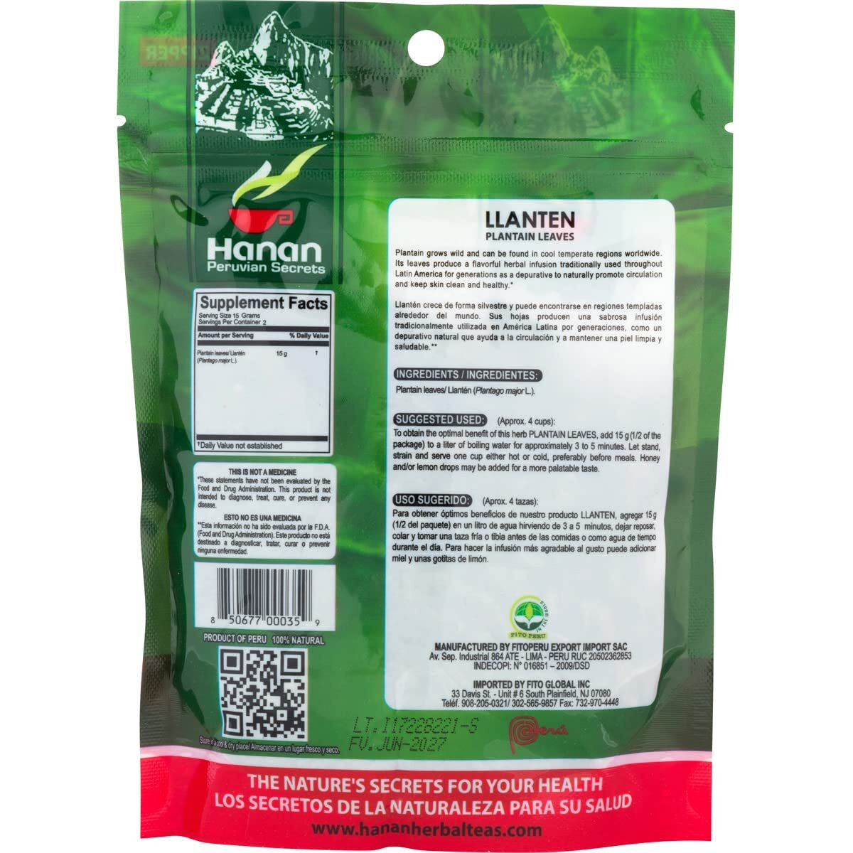 Hanan Plantain Leaf Tea (Llanten) 1.1 Oz (30 G) - Loose, Dried Llanten Plant Leaves From Peru, 1.06 Ounce (Pack Of 1)