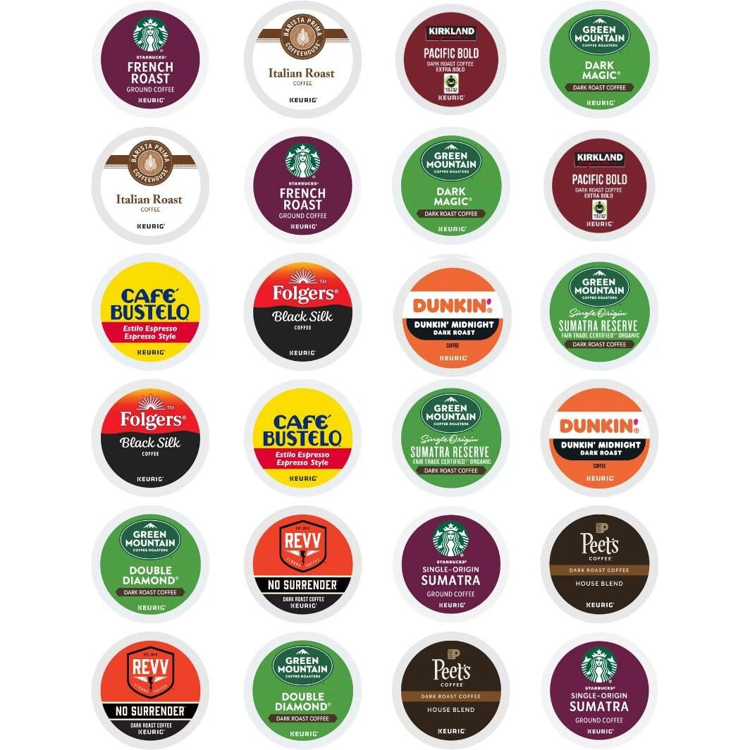 Dark Roast Coffee Variety Pack Sampler Includes Dunkin Midnight, Starbucks Sumatra & French Roast, Black Silk, Cafe Bustelo Espresso, Kirkland Pacific, Barista Prima Italian, Peet's House Blend, Revv No Surender, Green Mountain Dark Magic, Double Diamond, And Sumatran K-Cup Coffee Pods (12 Unique Blends) (24 Count)