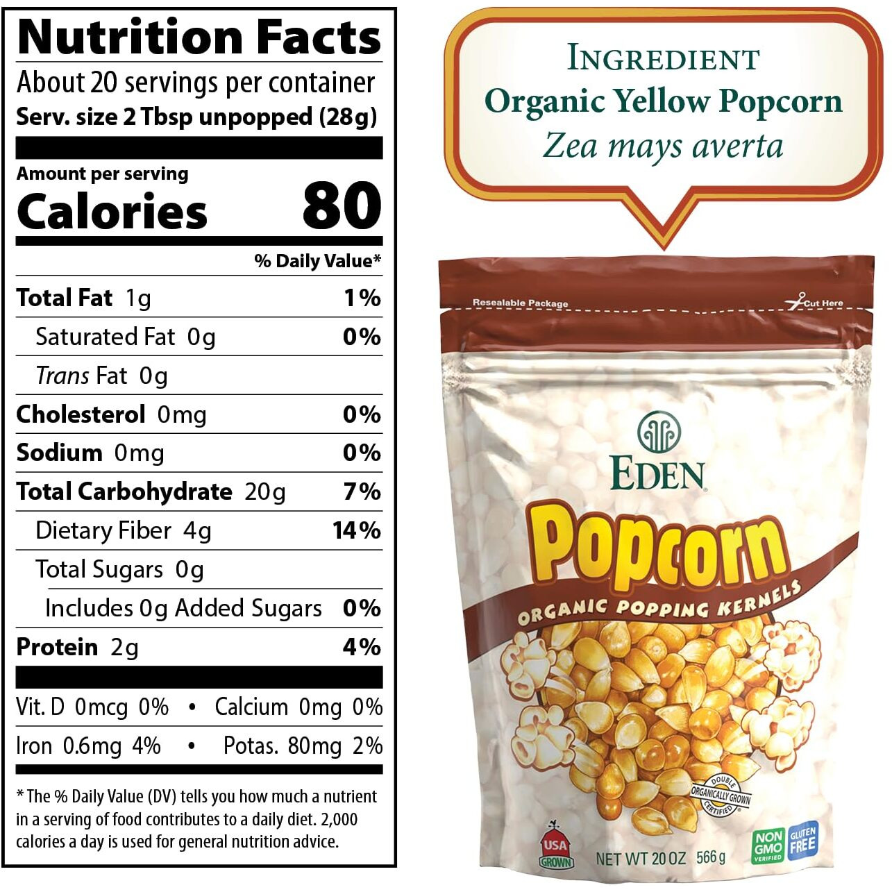 Eden Organic Yellow Popcorn Kernels, Non Gmo, Superior Popping Variety, 100% Whole Grain, 20 Oz (2-Pack)