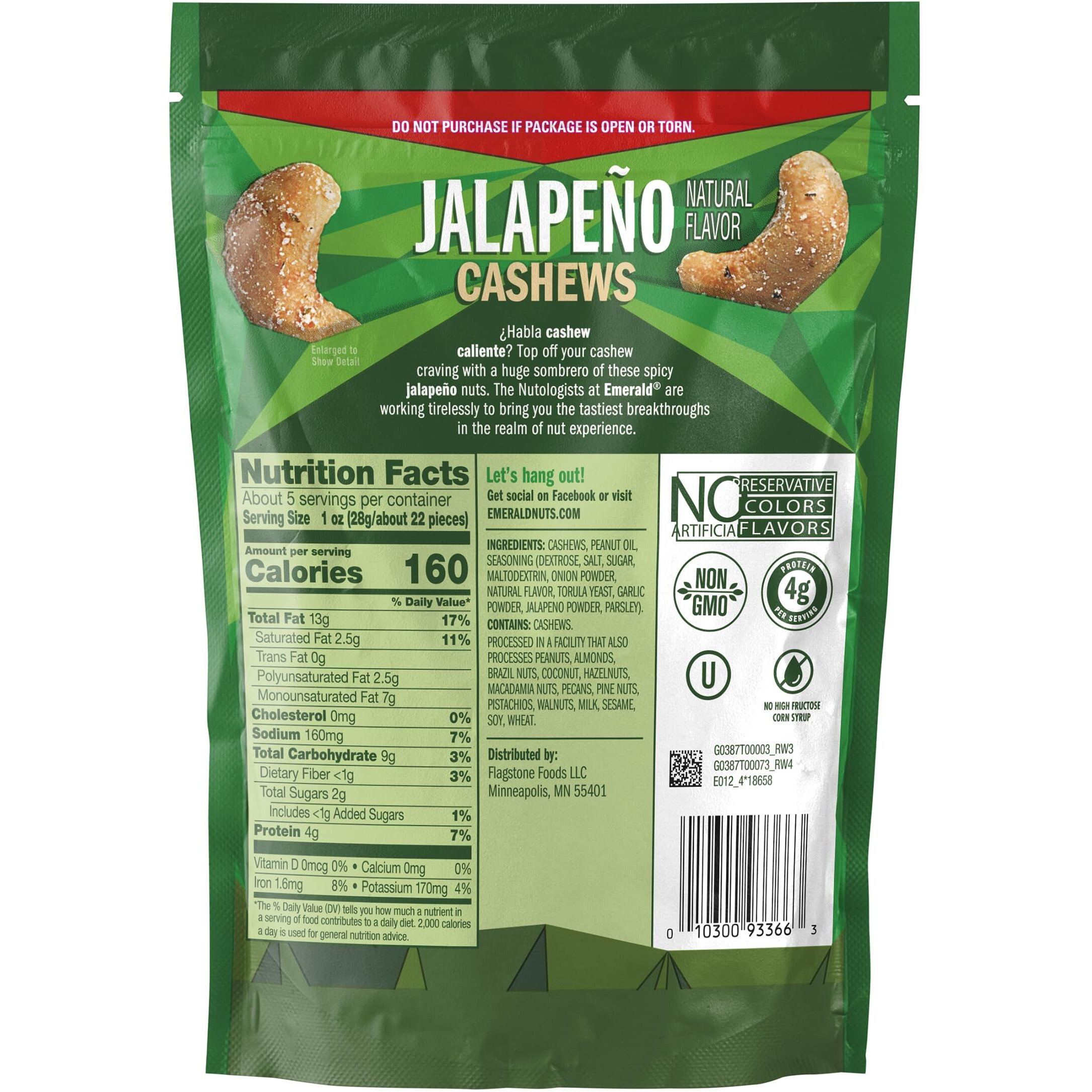 Emerald Nuts, Jalapeno Cashews, 5 Oz, Resealable Bag (Pack Of 4)
