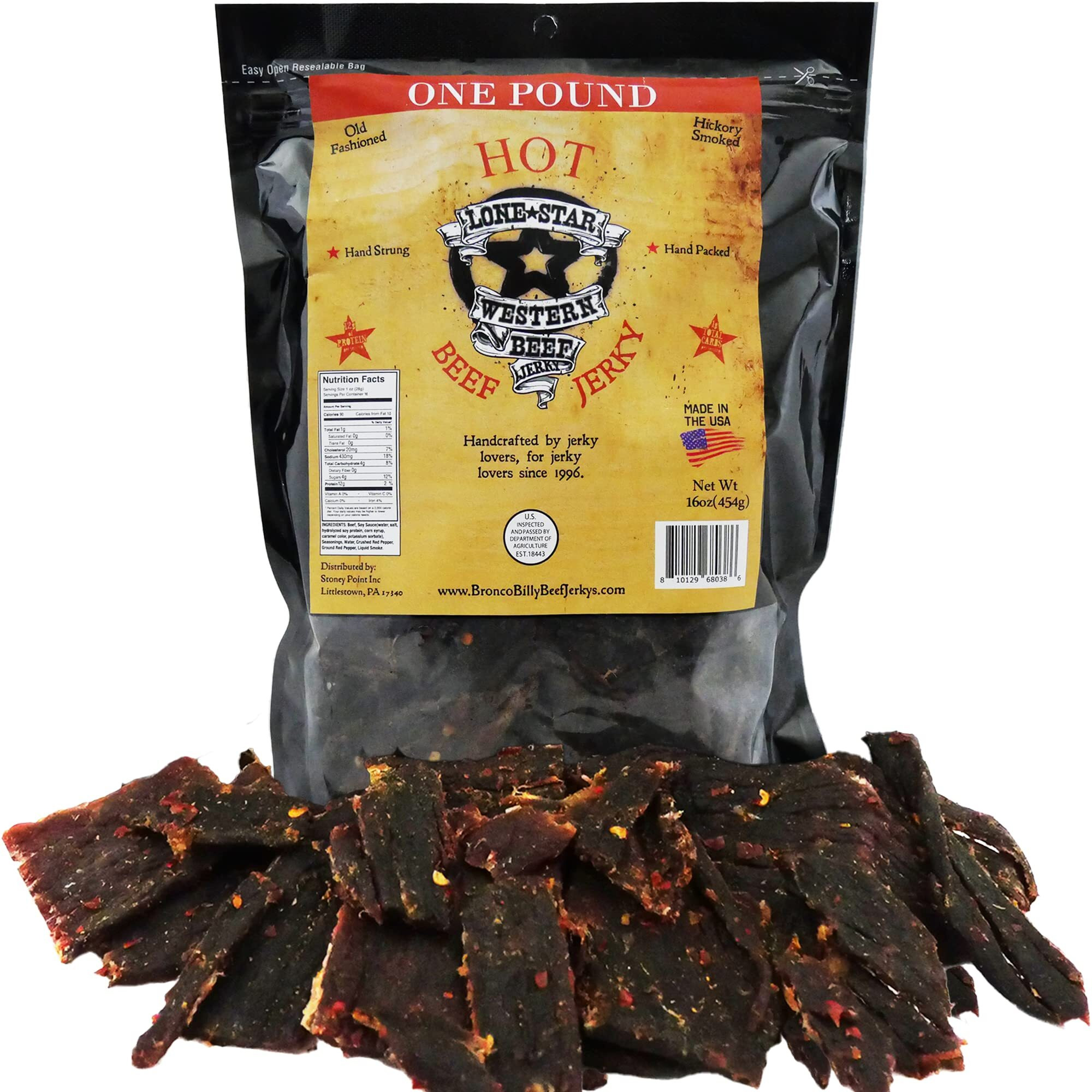 Lone Star Hot Flavored Beef Jerky - 1 Pound Resealable Bag - Hickory Smoked Handcrafted Flavor - High Protein Healthy Meat Snack