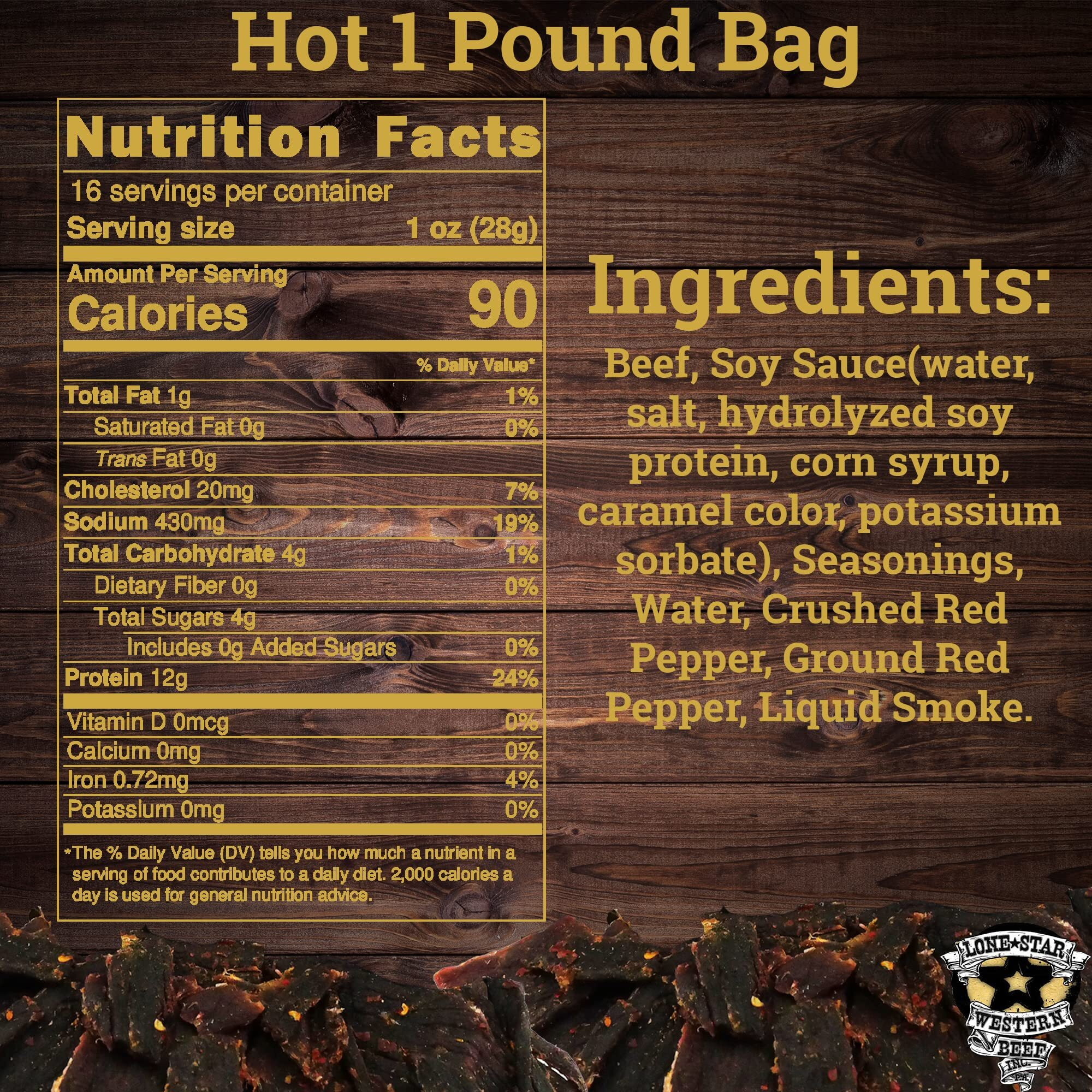 Lone Star Hot Flavored Beef Jerky - 1 Pound Resealable Bag - Hickory Smoked Handcrafted Flavor - High Protein Healthy Meat Snack