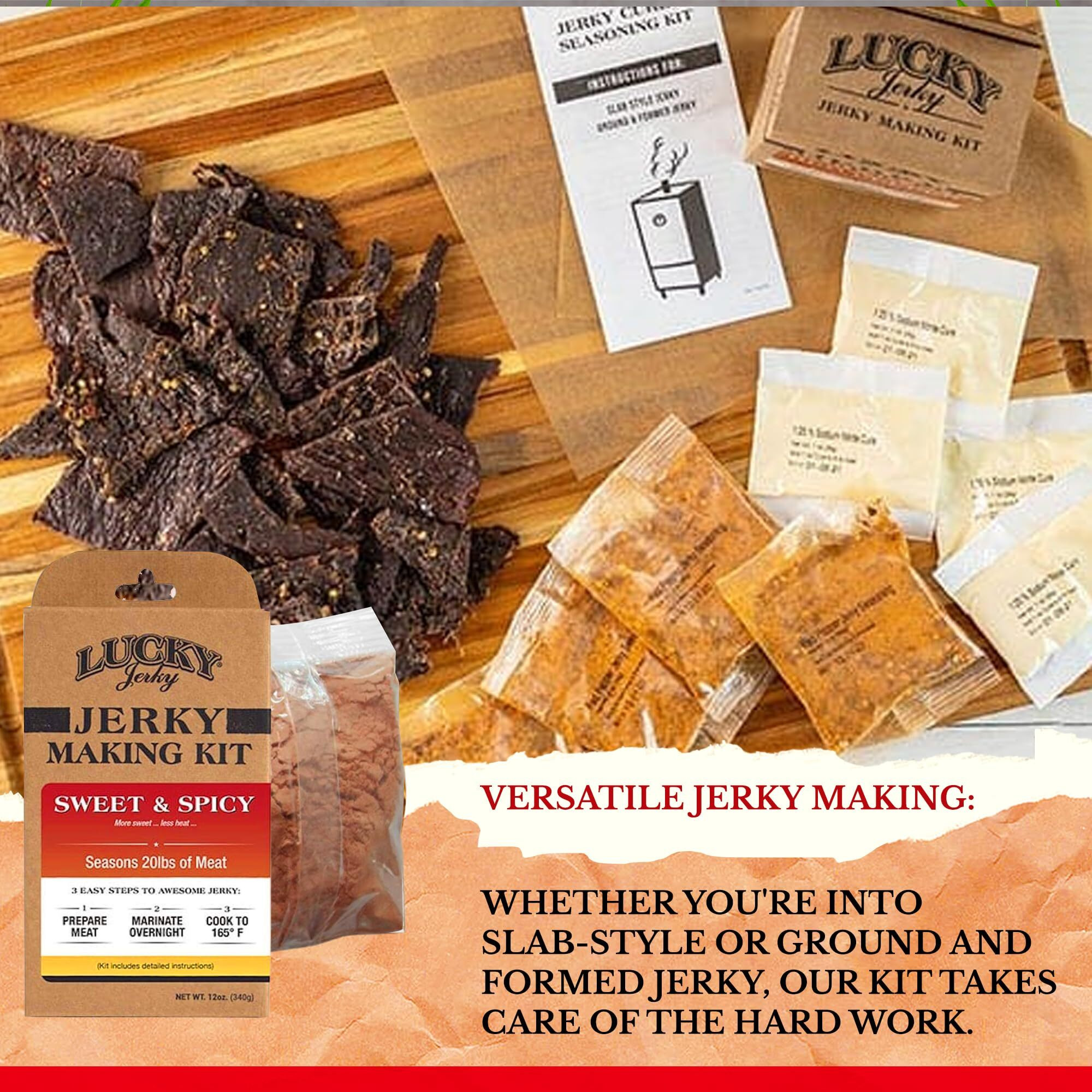 Lucky Jerky Sweet & Spicy Diy Jerky Seasoning Kit - Seasons 20Lbs Of Meat | Easy-To-Use Kit For Homemade Beef Jerky | Create Delicious, Customized Jerky With Teriyaki, Brown Sugar, And Red Pepper Heat