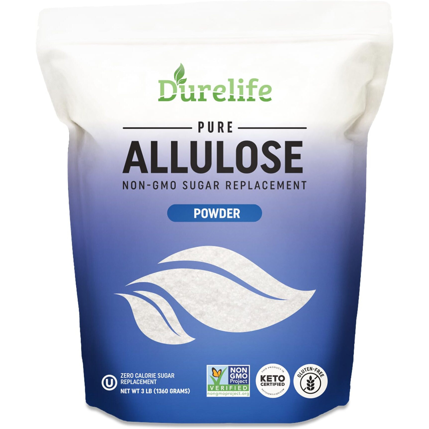 Durelife Allulose Sweetener, 3 Lb 100% Pure No Erythritol Powdered Sugar Substitute, Non-Gmo Project Verified, Keto Certified, Ou Kosher, No Fillers, Zero Calories Sugar Alternative 3 Lbs