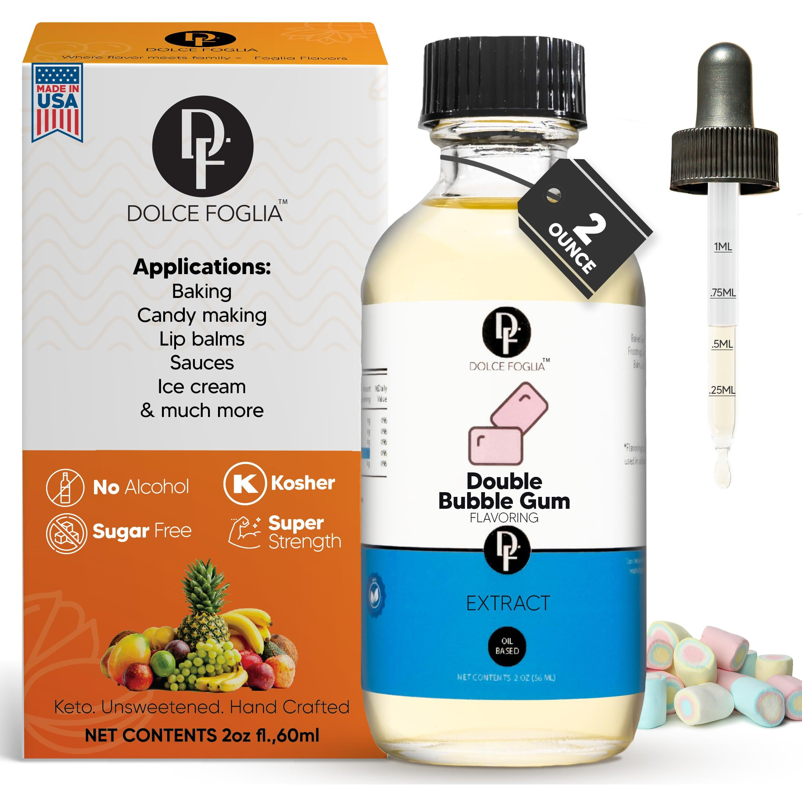 Dolce Foglia Oil Soluble Bubble Gum Extract - 2 Oz. - Sugar-Free, Zero Calories - Multipurpose Bubble Gum Flavoring Oil For Candy Making, Lip Balm, Ice Cream - Pioneer Woman Kitchen Stuff, Kitchen