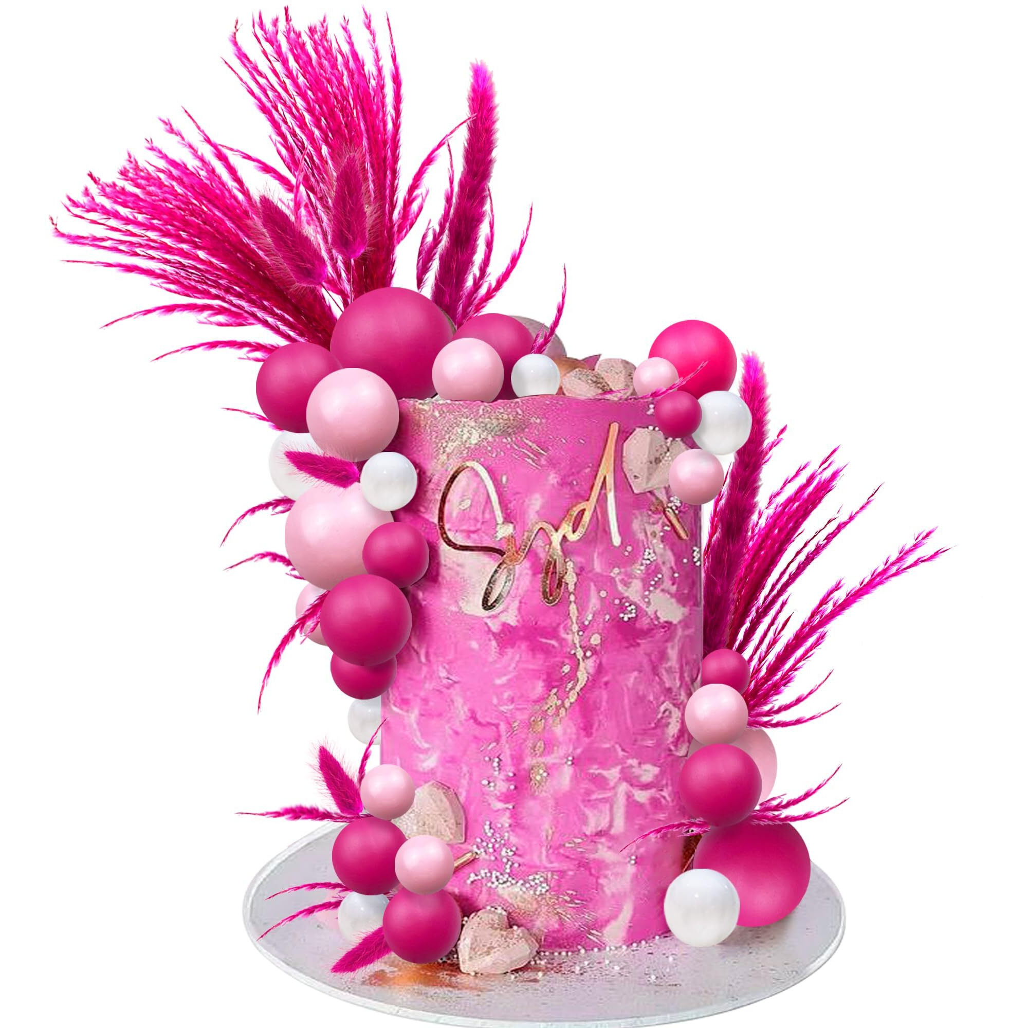 40 Pcs Hot Pink Girl Cake Toppers Ball Decoration Boho Bunny Tails Reed Grass For Wedding Birthday Baby Shower Party Supplies