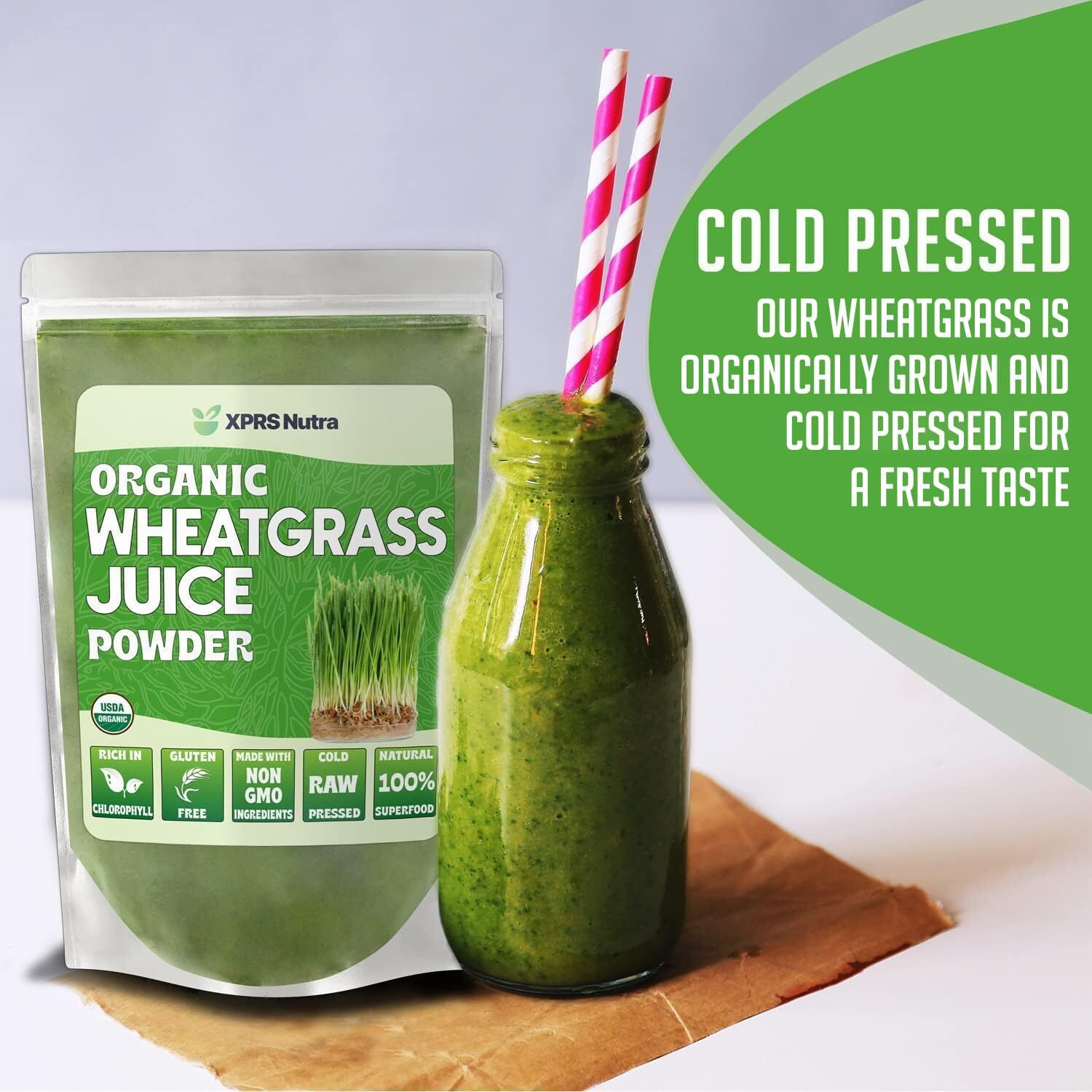 Xprs Nutra Organic Wheatgrass Juice Powder - Sustainably Grown - Instant Wheat Grass Juice Powder Made From Concentrated Juice - More Potent Than Organic Wheatgrass Powder - 16 Ounce