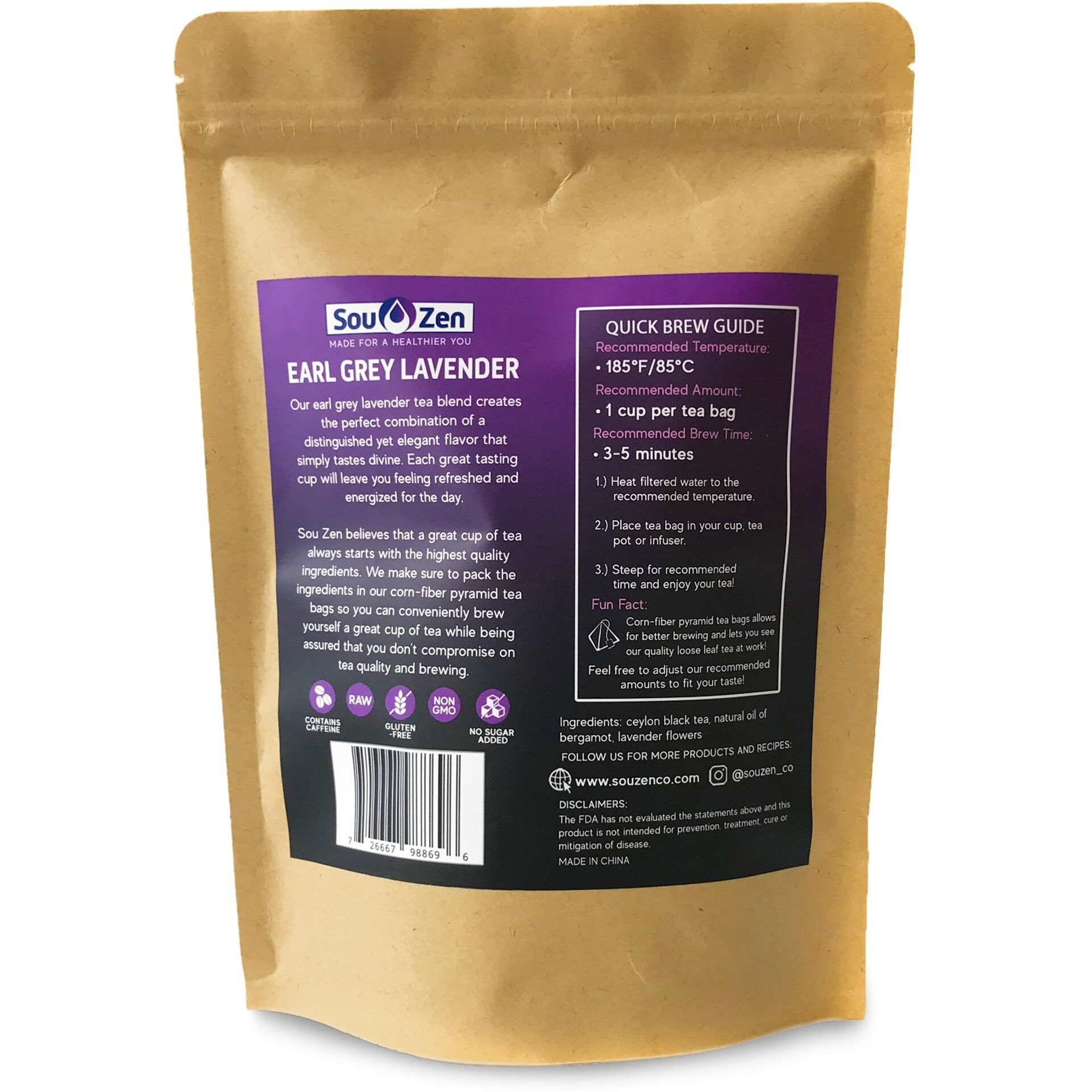 Sou Zen Earl Grey Lavender Tea 30 Corn-Fiber Pyramid Tea Bags | Premium Quality Tea Leaves And Flowers | Raw And Naturally Organic Ingredients | Energizing And Revitalizing Tea With No Additives