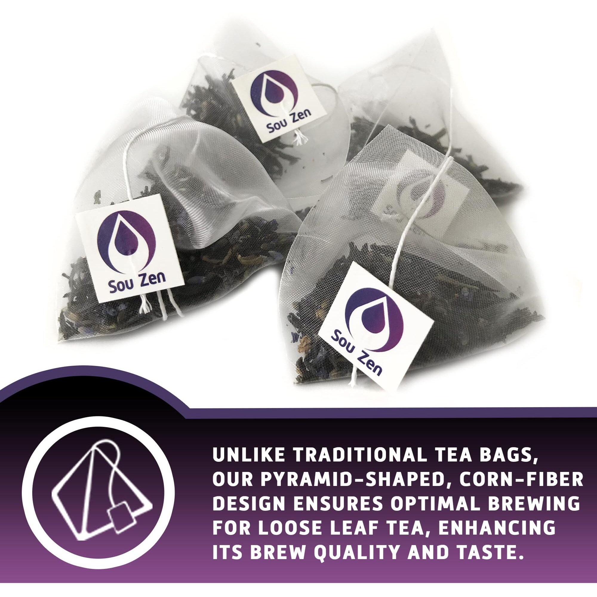 Sou Zen Earl Grey Lavender Tea 30 Corn-Fiber Pyramid Tea Bags | Premium Quality Tea Leaves And Flowers | Raw And Naturally Organic Ingredients | Energizing And Revitalizing Tea With No Additives