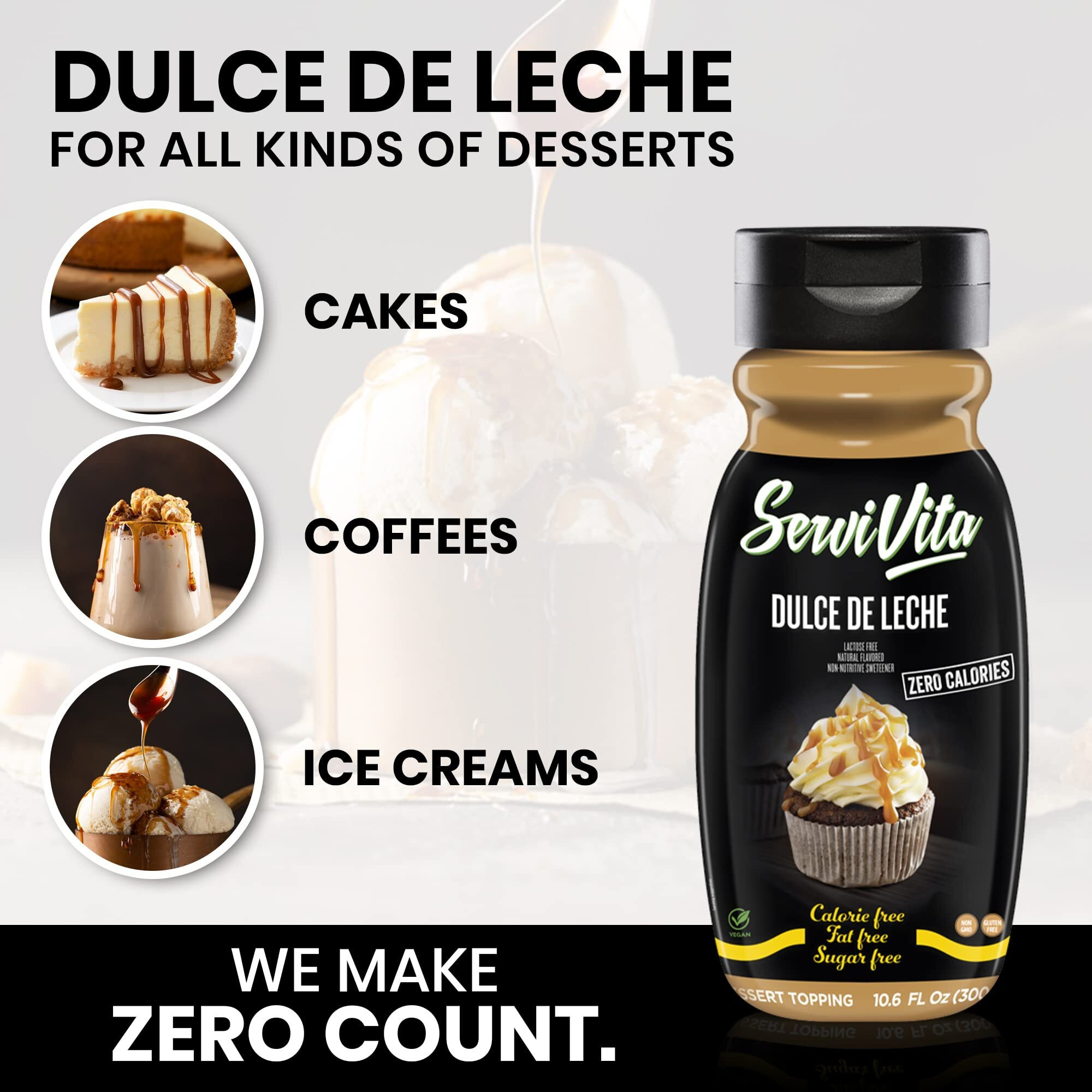 Sugar Free Dulce De Leche Topping Zero Calories And Fat Free, 10.6 Fl Oz - No Sugar Dulce De Leche Syrup Dessert Topping Gluten-Free, Non-Gmo, Vegan And Keto Friendly - Servivita