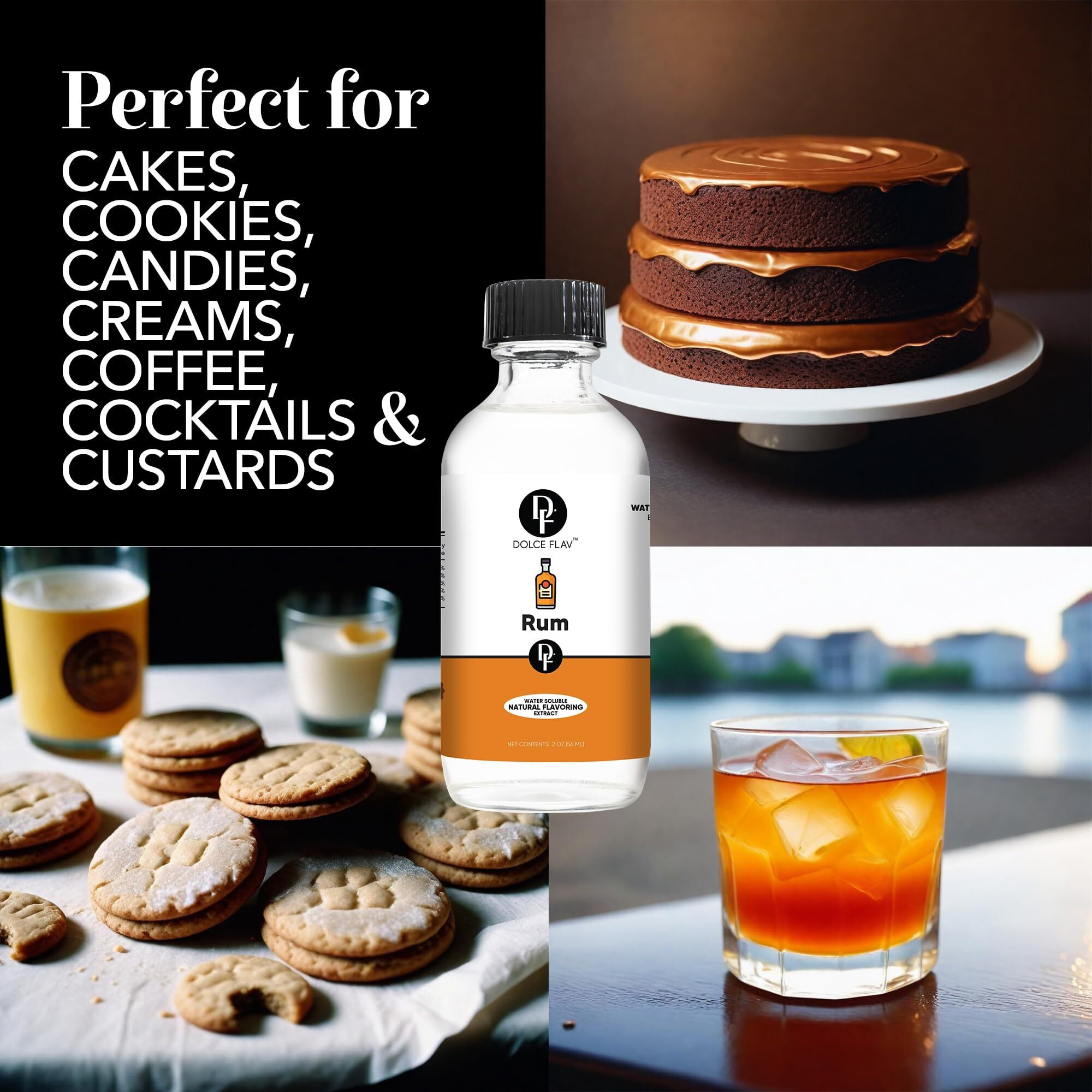 Dolce Flav Natural Rum Extract - 2 Ounce Water-Soluble Multipurpose Flavoring Ideal For Baked Goods, Beverages, Coffee, Desserts & Ice Cream - Perfect Kitchen Gift For Holidays