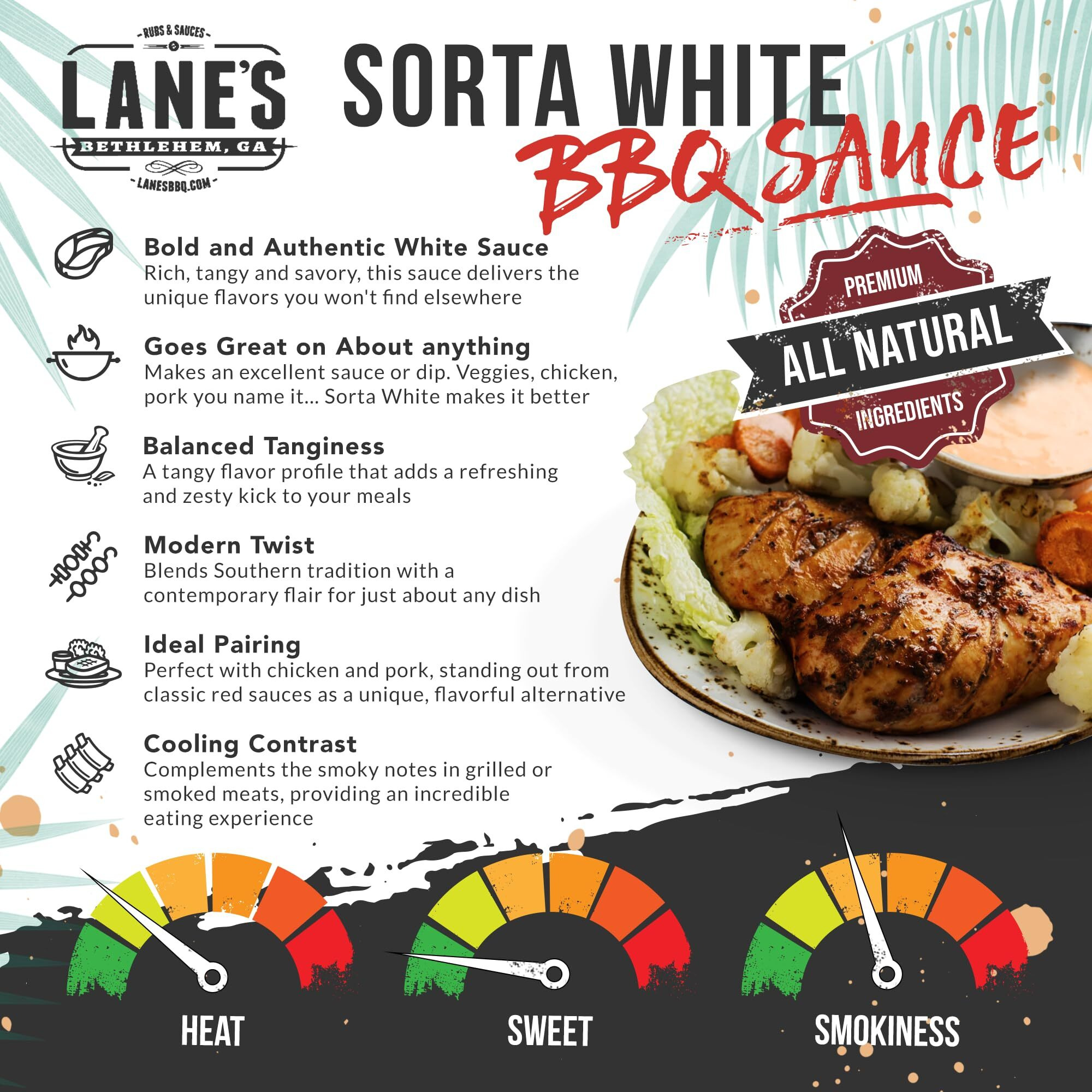 Lane's Sorta White Bbq Sauce, Award Winning Chicken Dipping Sauce, Goes Well With Beef, Meat & Burger Sauce, Made In Usa Alabama White Sauce, 13.5 Oz