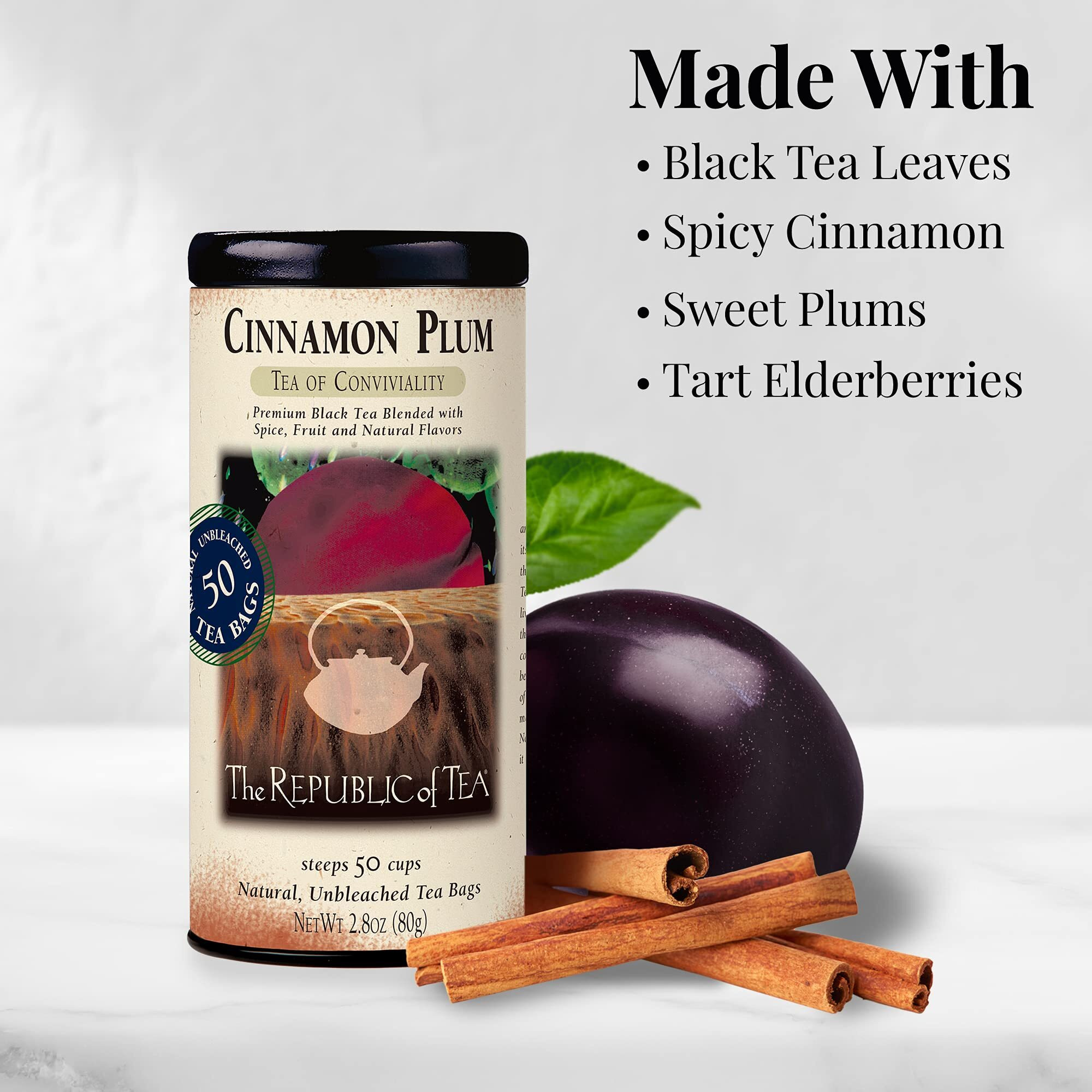 The Republic Of Tea Cinnamon Plum Tea, 2.8 Oz Tin, 50 Tea Bags, Spiced Black Tea | Caffeinated Tea
