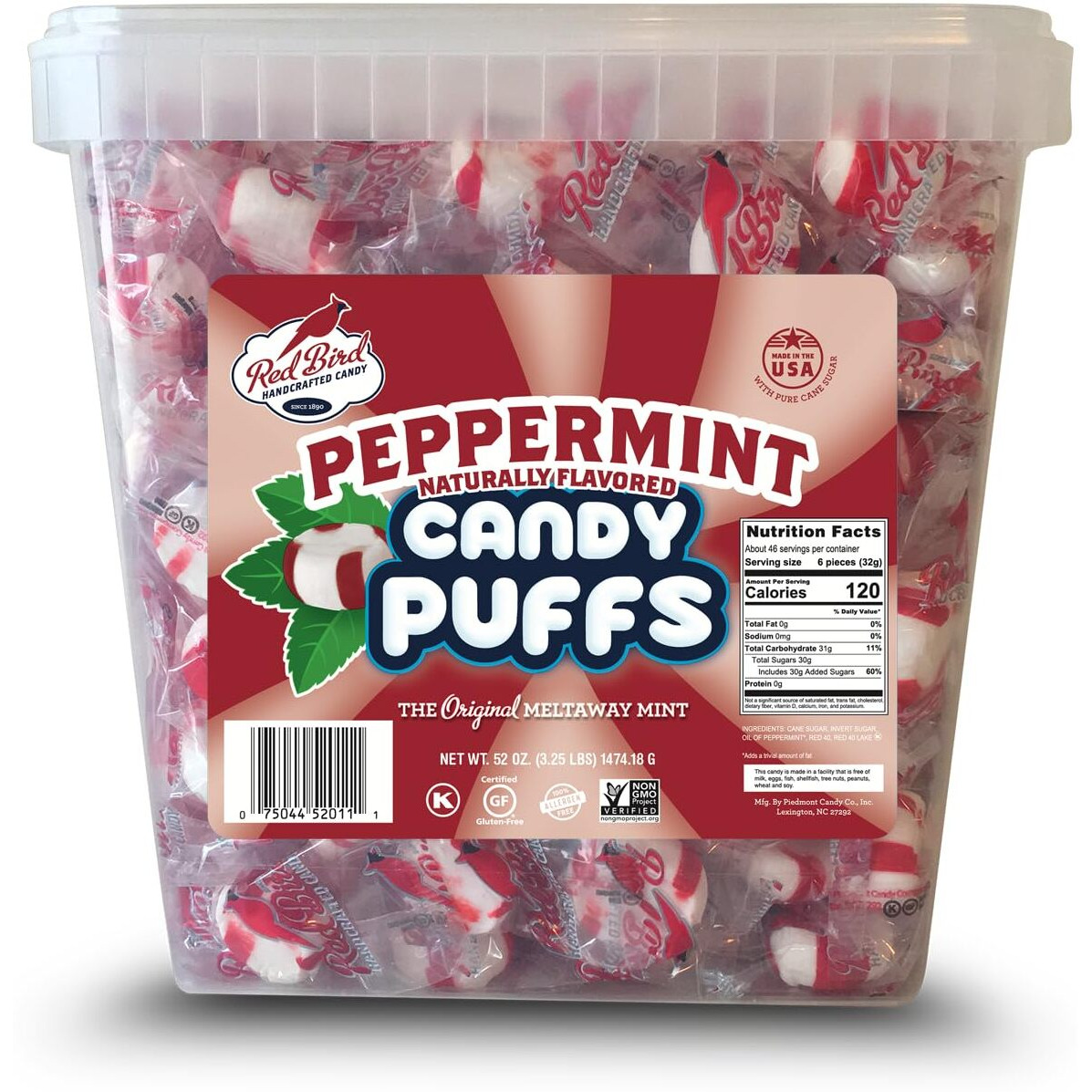 Red Bird Soft Peppermint Puffs 52 Oz Tub, Individually Wrapped Mints, Gluten Free, Kosher, Free From Top Allergens, 100% Pure Cane Sugar