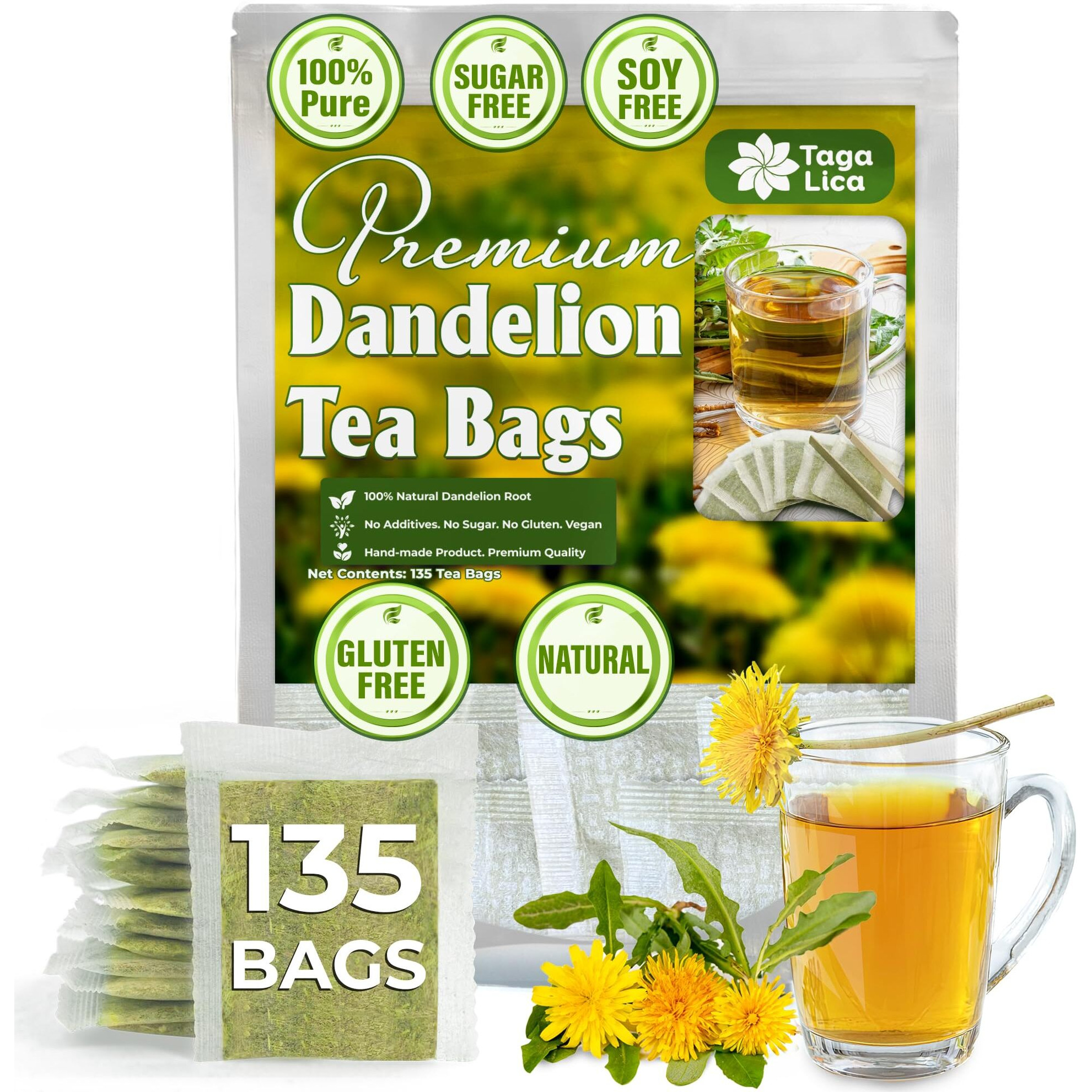 Tagalica, Premium 135 Dandelion Root Tea Bags, 100% Natural & Pure From Dandelion Root, Eco-Conscious Tea Bags, Dandelion Tea, Dandelion Root Herbal Tea. Dandelion Root Tea. No Sugar, No Caffeine, No Gluten, Vegan