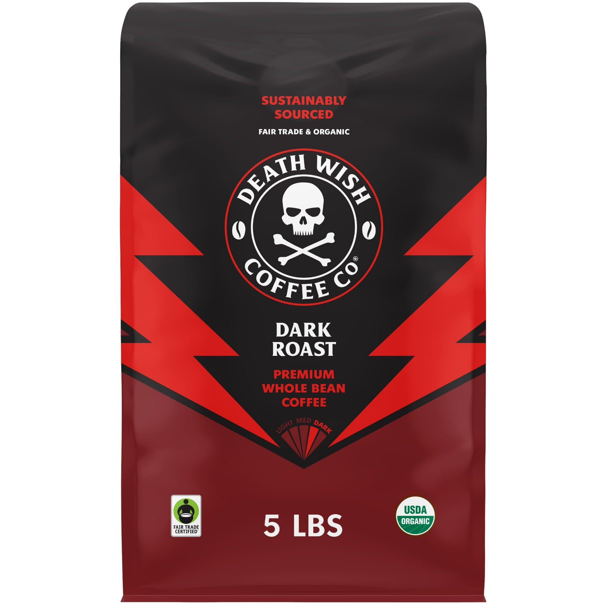 Death Wish Coffee Whole Bean Dark Roast - Extra Kick Of Caffeine - Usa Organic Coffee Beans - Fair Trade Arabica & Robusta Coffee Beans - Dark Roast Coffee Beans (80 Oz.)