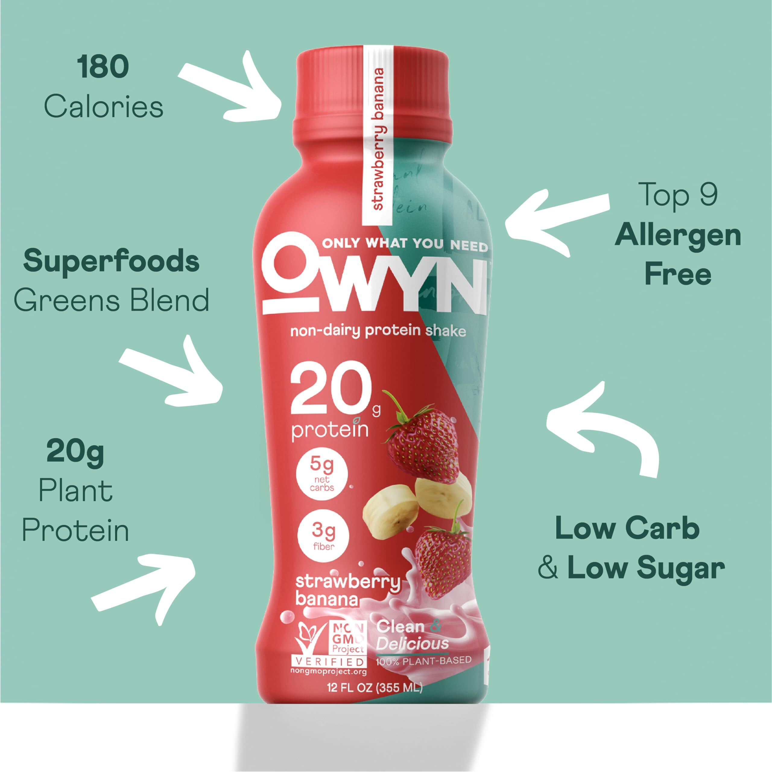 Owyn Only What You Need Vegan Protein Shake, Strawberry Banana,12 Fl Oz (Pack Of 12), 100-Percent Plant Based, Dairy & Gluten Free, Soy & Tree Nut-Free, Egg-Free, Allergy-Free, Vegetarian, Kosher