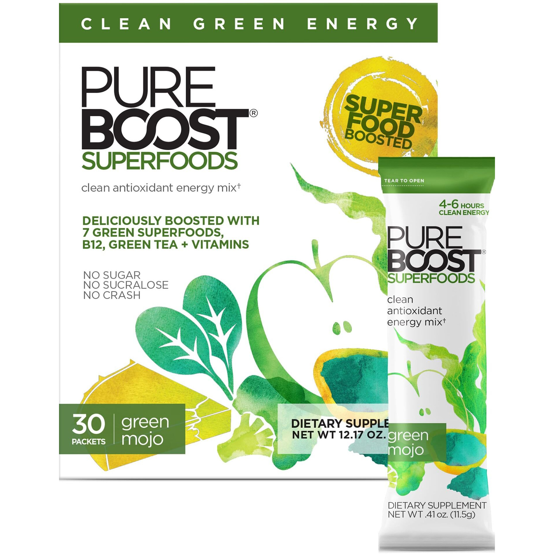 Pureboost Superfoods Clean Energy Drink Mix With B12, 7 Organic Green Superfoods Powder And Vitamins. Spirulina. Naturally Flavored With Green Apple. No Sugar. No Sucralose. (30 Count, Green Mojo)