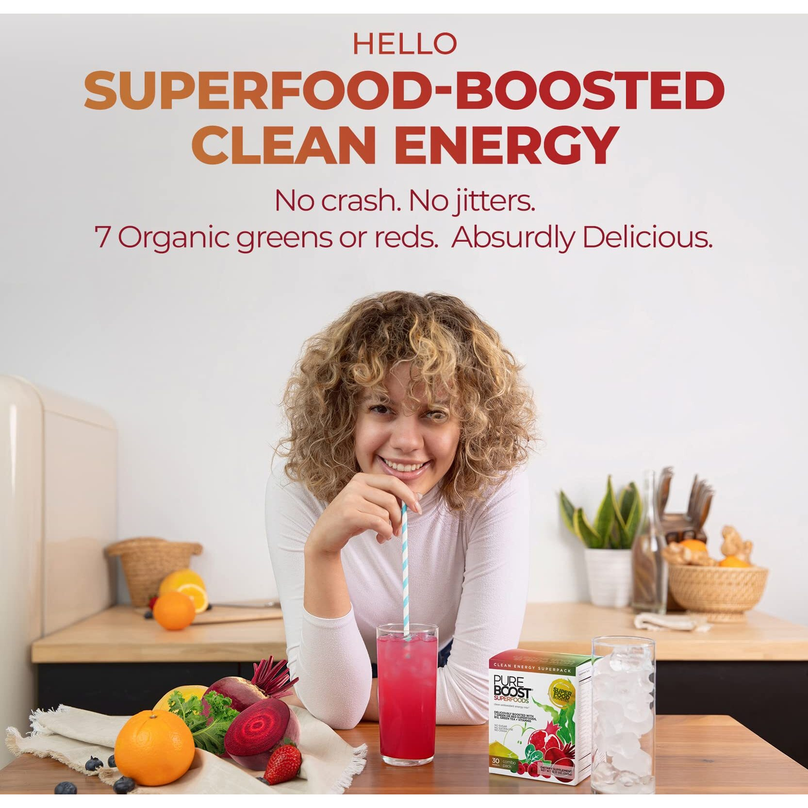 Pureboost Superfoods Clean Energy Drink Mix With B12, 7 Organic Green Superfoods Powder And Vitamins. Spirulina. Naturally Flavored With Green Apple. No Sugar. No Sucralose. (30 Count, Green Mojo)
