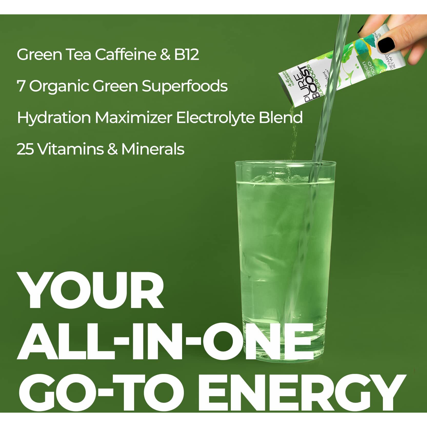 Pureboost Superfoods Clean Energy Drink Mix With B12, 7 Organic Green Superfoods Powder And Vitamins. Spirulina. Naturally Flavored With Green Apple. No Sugar. No Sucralose. (30 Count, Green Mojo)
