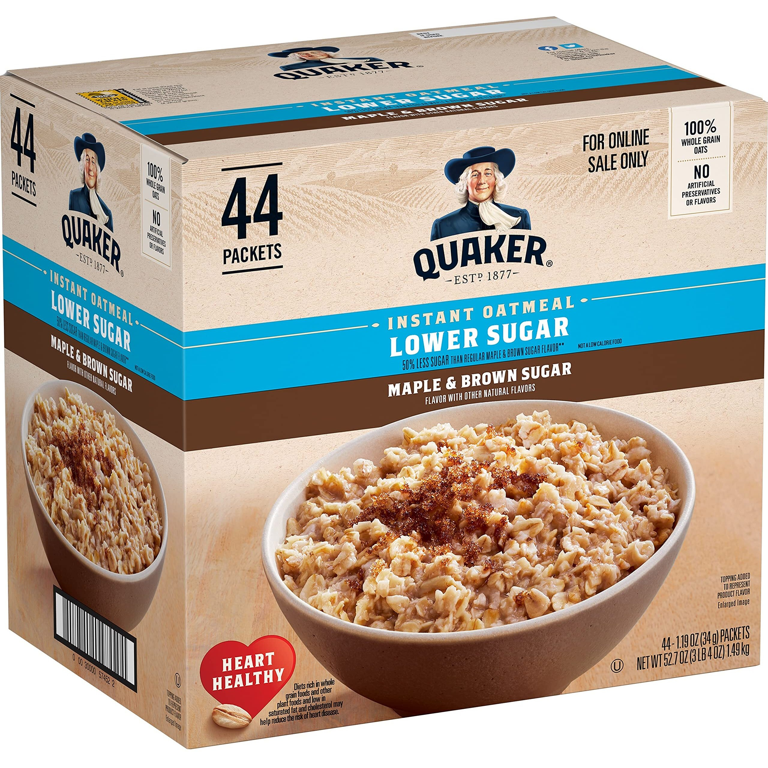 Quaker Instant Oatmeal Lower, Maple & Brown Sugar, 1.19 Oz - 44 Count (Pack Of 1)