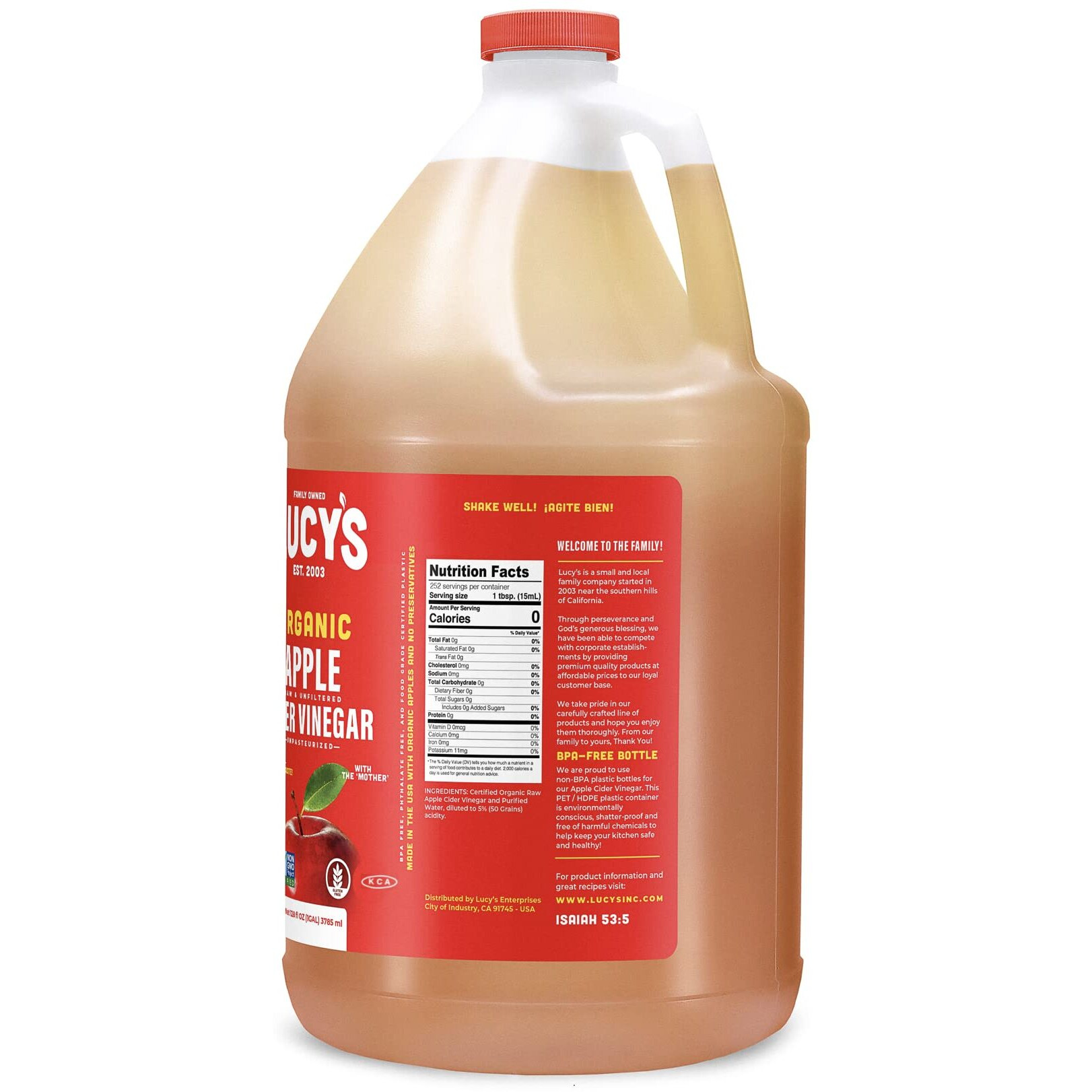 Lucy's Family Owned - Gallon Size, Organic, With The Mother, Apple Cider Vinegar, Unfiltered, Unpasteurized, Nongmo, And Raw
